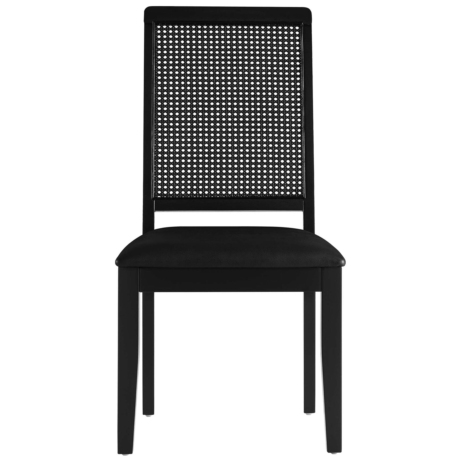 Black vegan leather dining chair with breathable faux cane back and supportive cushioned seat || EEI-6802-BLK-BLK-BLK || front_studio