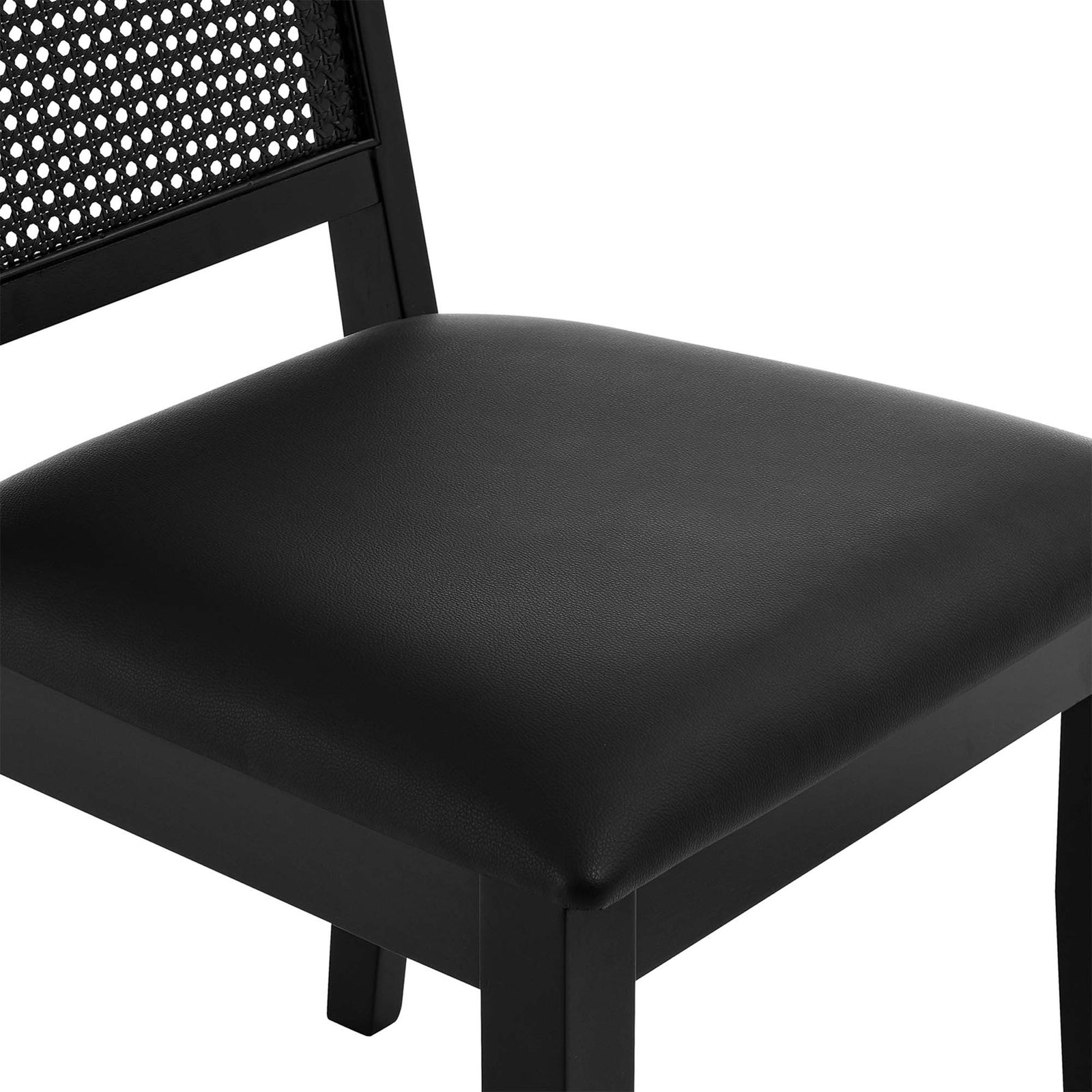 Smooth black vegan leather seat paired with finely textured faux cane backrest || EEI-6802-BLK-BLK-BLK || detail_studio