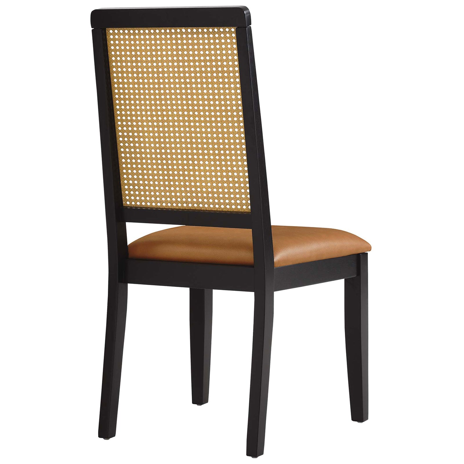 Black dining chair featuring a tall woven cane back and warm tan vegan leather seat || EEI-6802-BLK-NAT-TAN || back_angle_studio