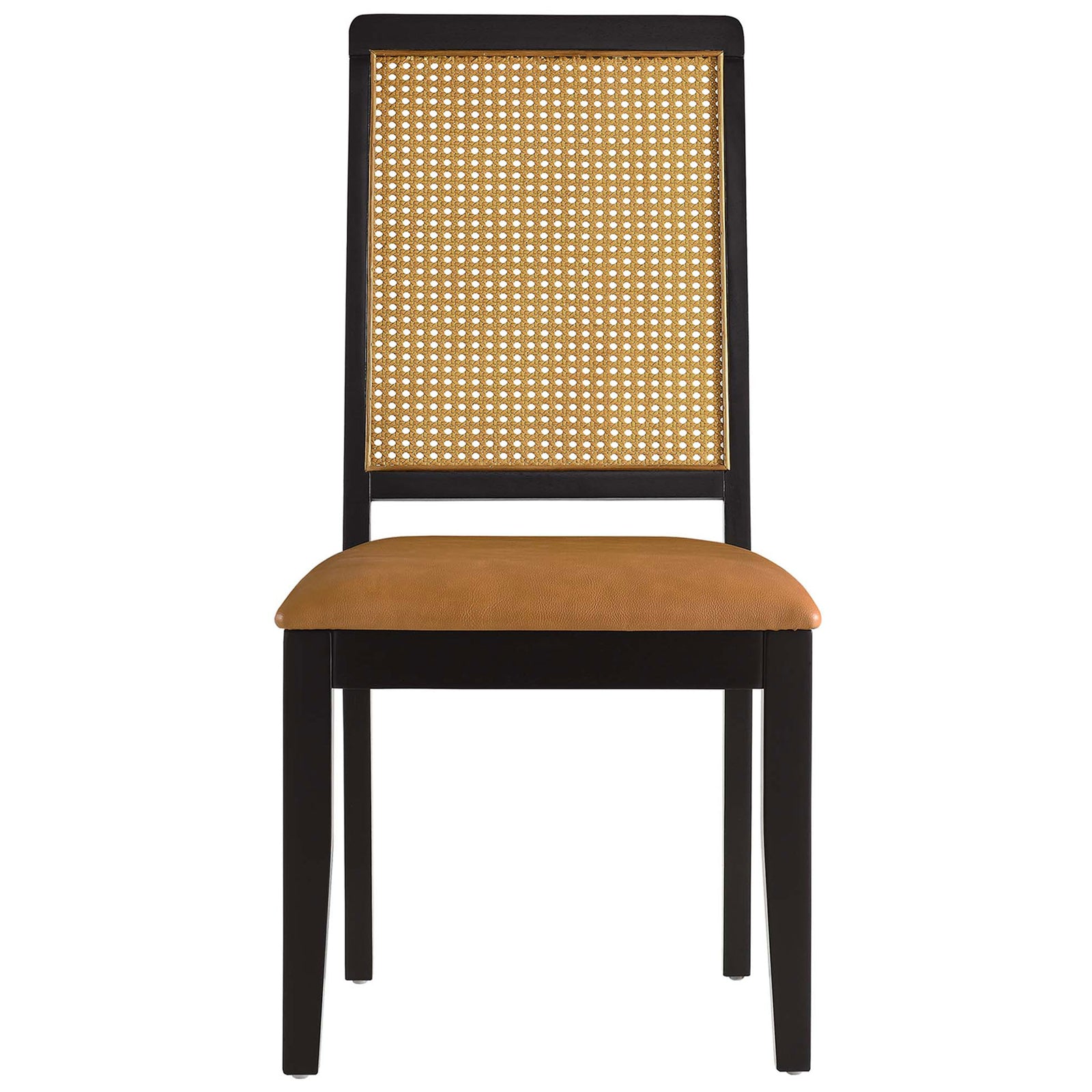 Black wood dining chair with square cane back and padded tan vegan leather seat || EEI-6802-BLK-NAT-TAN || front_studio