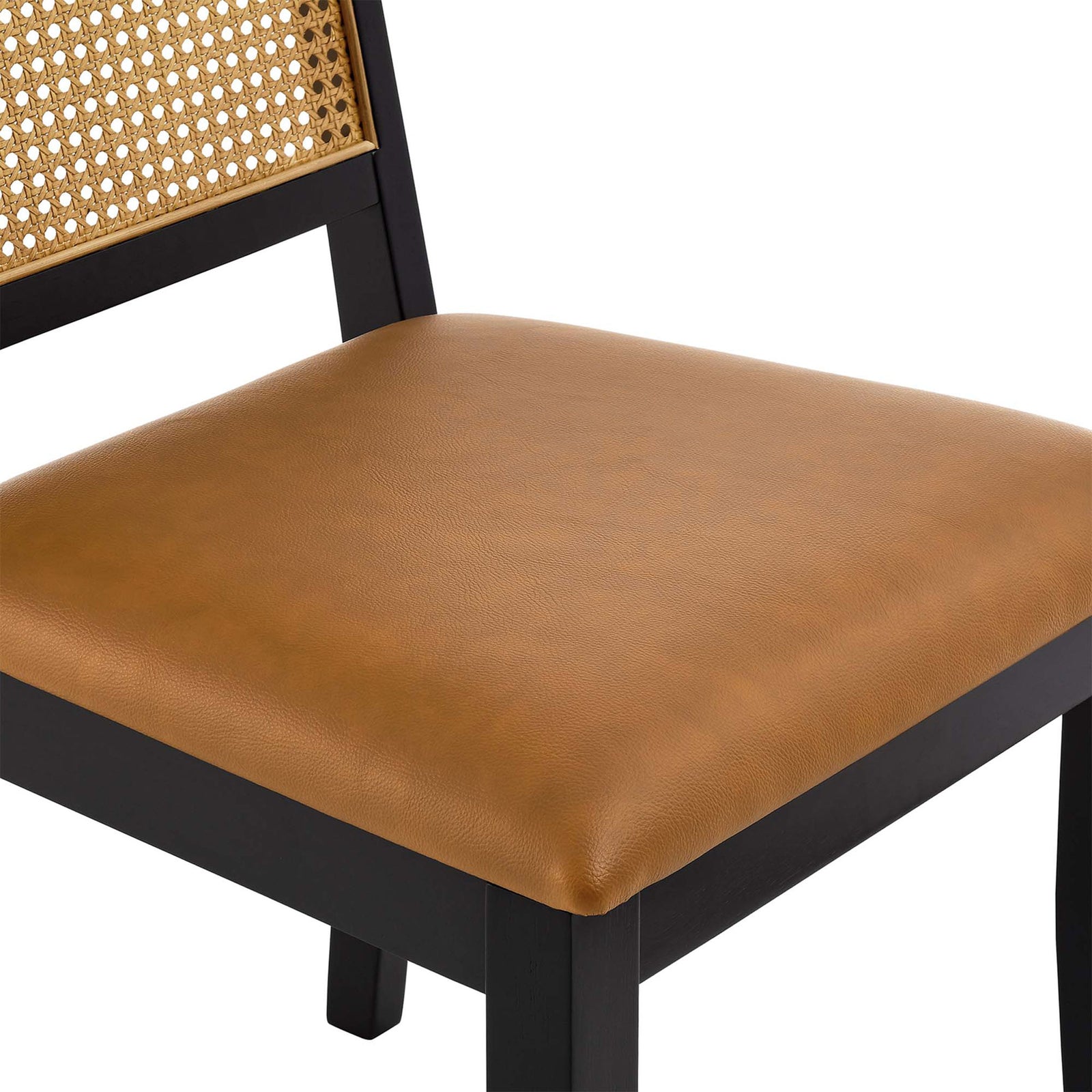Tan vegan leather seat cushion and faux rattan cane back framed by a black wood frame || EEI-6802-BLK-NAT-TAN || detail_studio