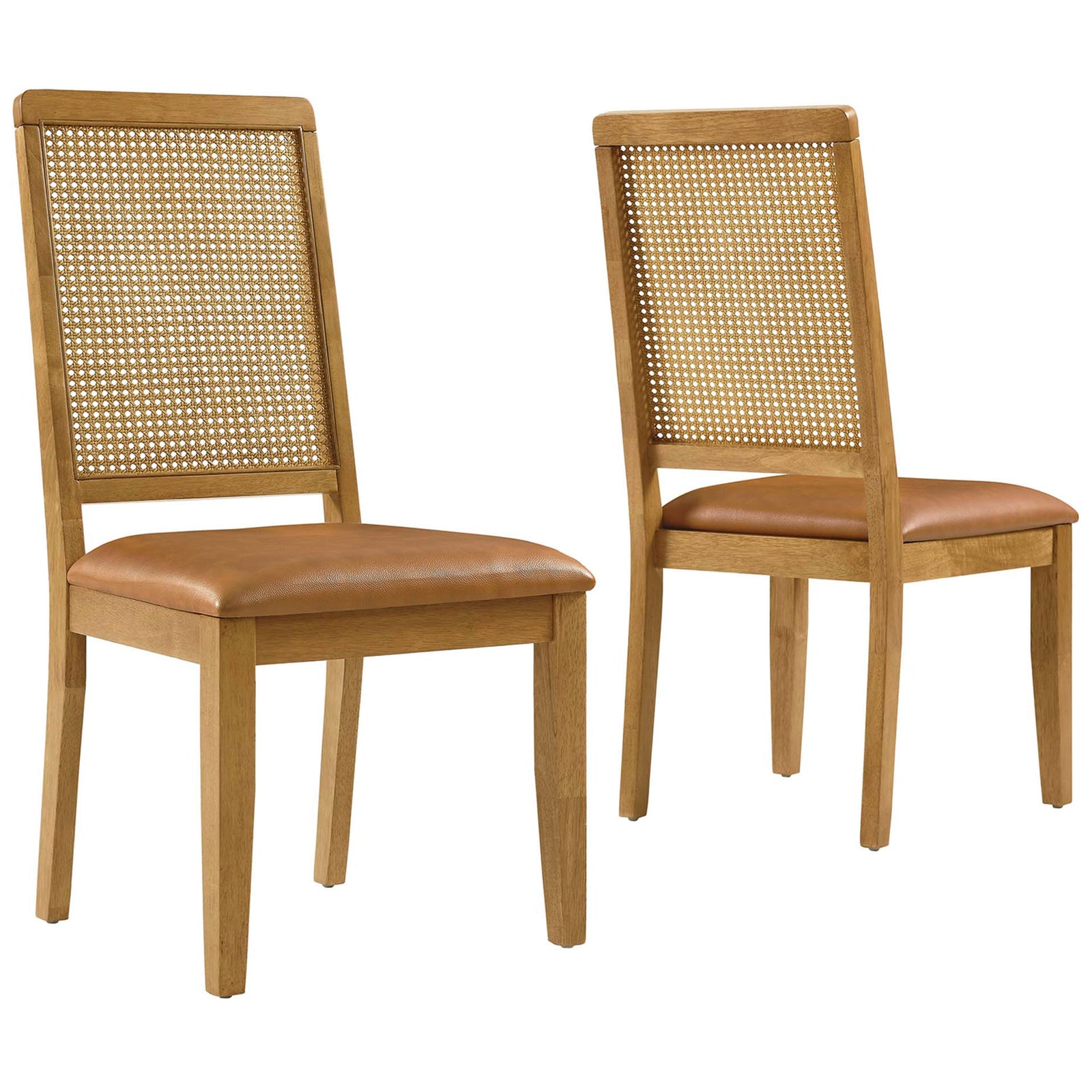 Set of two natural wood dining chairs with tan vegan leather seats and airy cane backs || EEI-6802-NAT-NAT-TAN || front_angle_multi_studio
