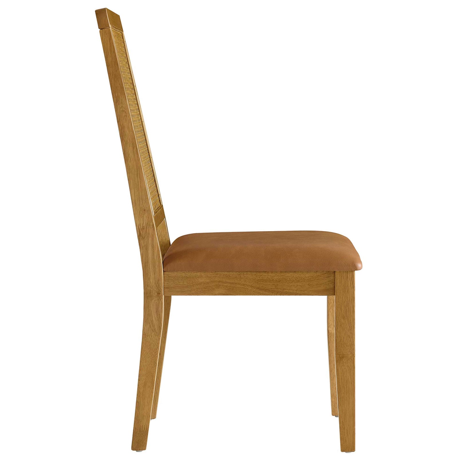 Dining chair emphasizing the slim wood legs, gently curved back, and plush tan seat cushion || EEI-6802-NAT-NAT-TAN || side_studio