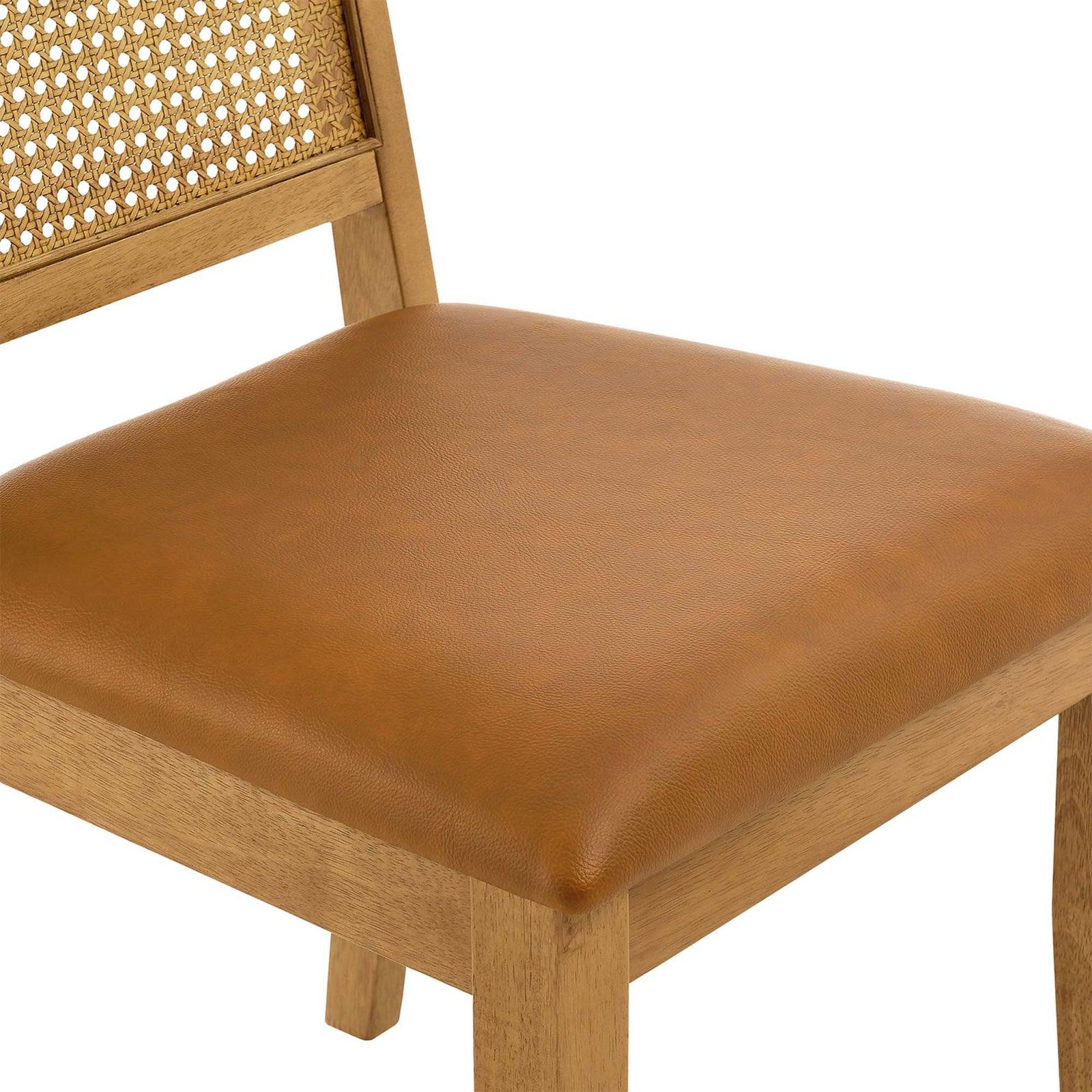 Detail of the textured tan vegan leather seat and smooth natural wood frame || EEI-6802-NAT-NAT-TAN || detail_studio