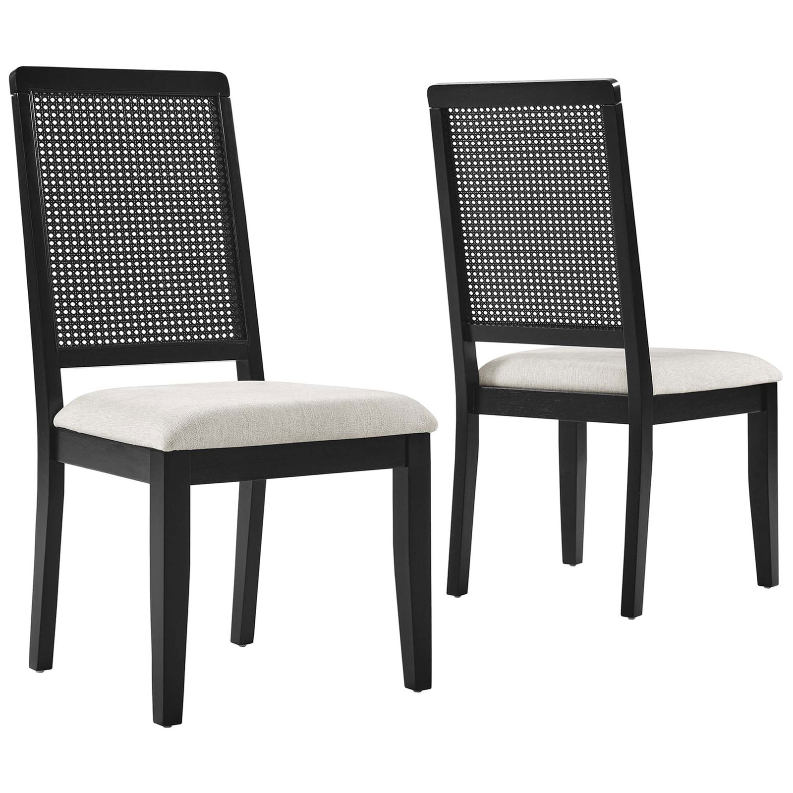 Pair of black faux rattan dining chairs with ivory cushioned seats || EEI-6803-BLK-BLK-HEI || front_angle_multi_studio