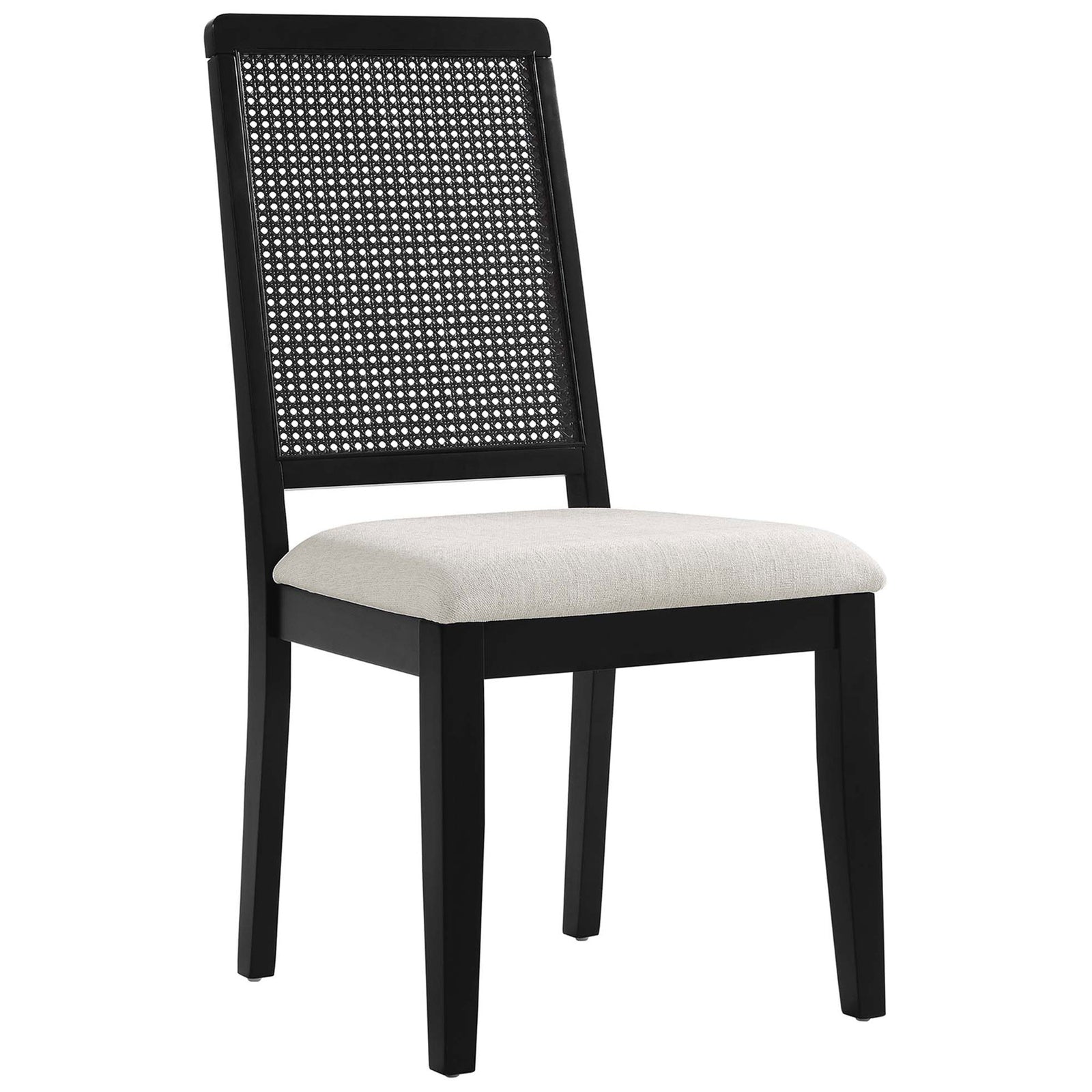 Black wood dining chair with faux cane back and soft ivory upholstered seat || EEI-6803-BLK-BLK-HEI || front_angle_studio