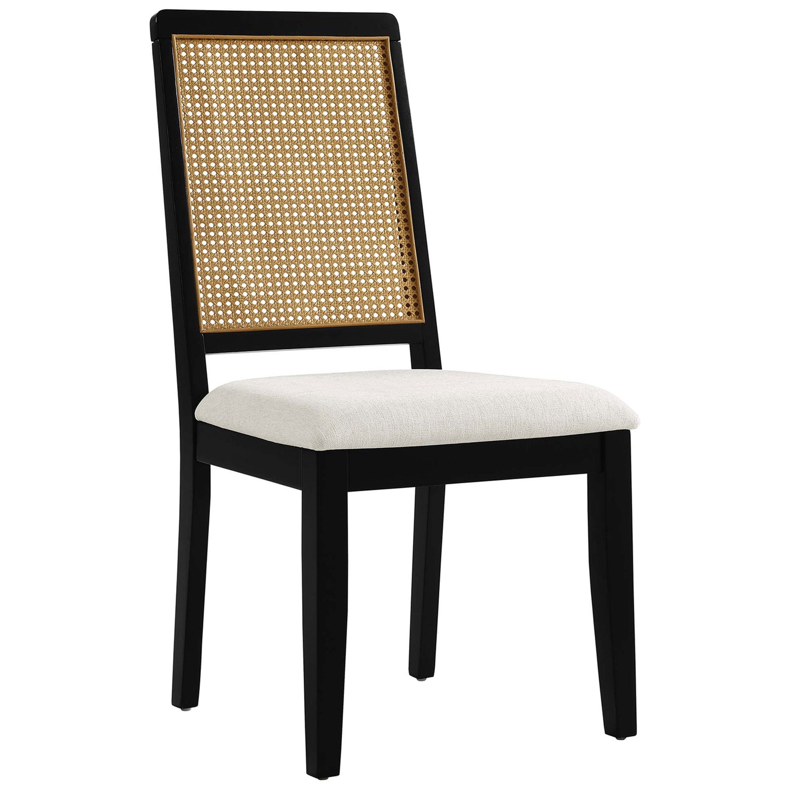Black wood dining chair featuring a natural cane back and softly padded ivory fabric seat || EEI-6803-BLK-NAT-HEI || front_angle_studio