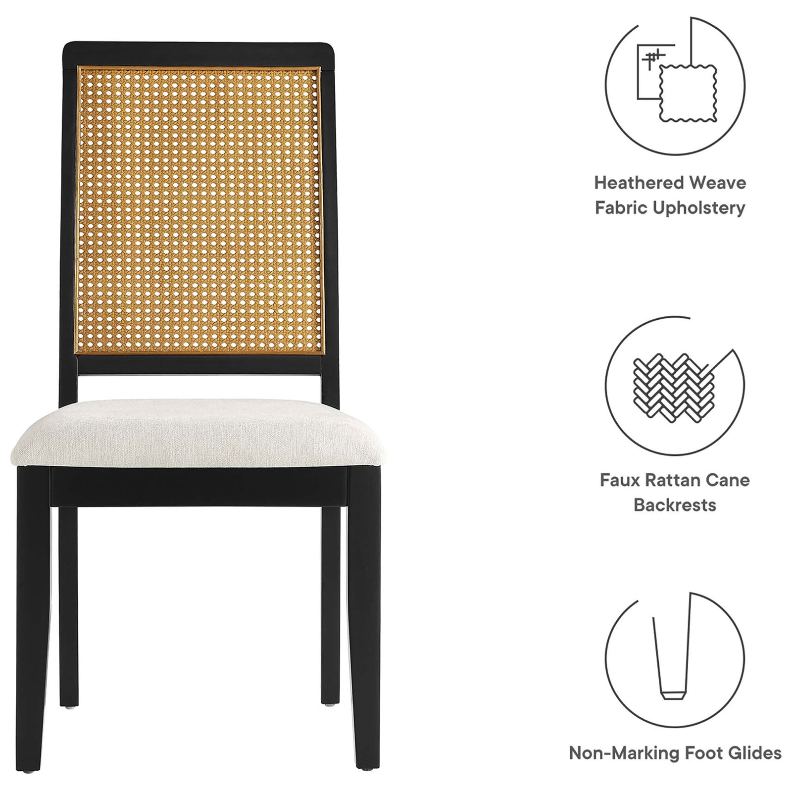 Dining chair emphasizing heathered weave upholstery, faux rattan cane back, and non marking foot glides || EEI-6803-BLK-NAT-HEI || callout_studio