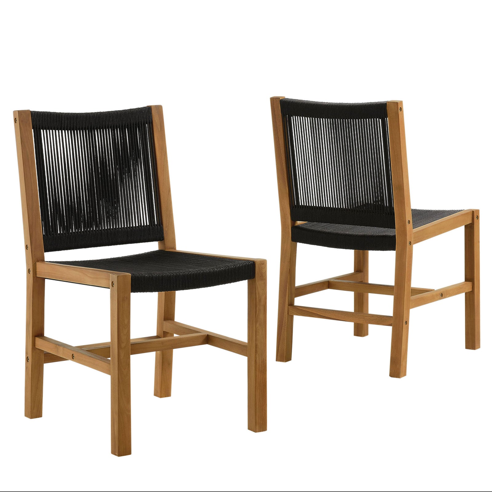 Set of two armless teak dining chairs with black rope seats ideal for flexible outdoor seating || EEI-6805-NAT-BLK || front_angle_multi_studio