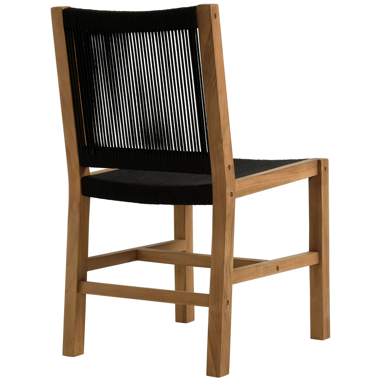 Vertical black rope backrest and solid teak frame offer airy support and durable outdoor style || EEI-6805-NAT-BLK || back_angle_studio