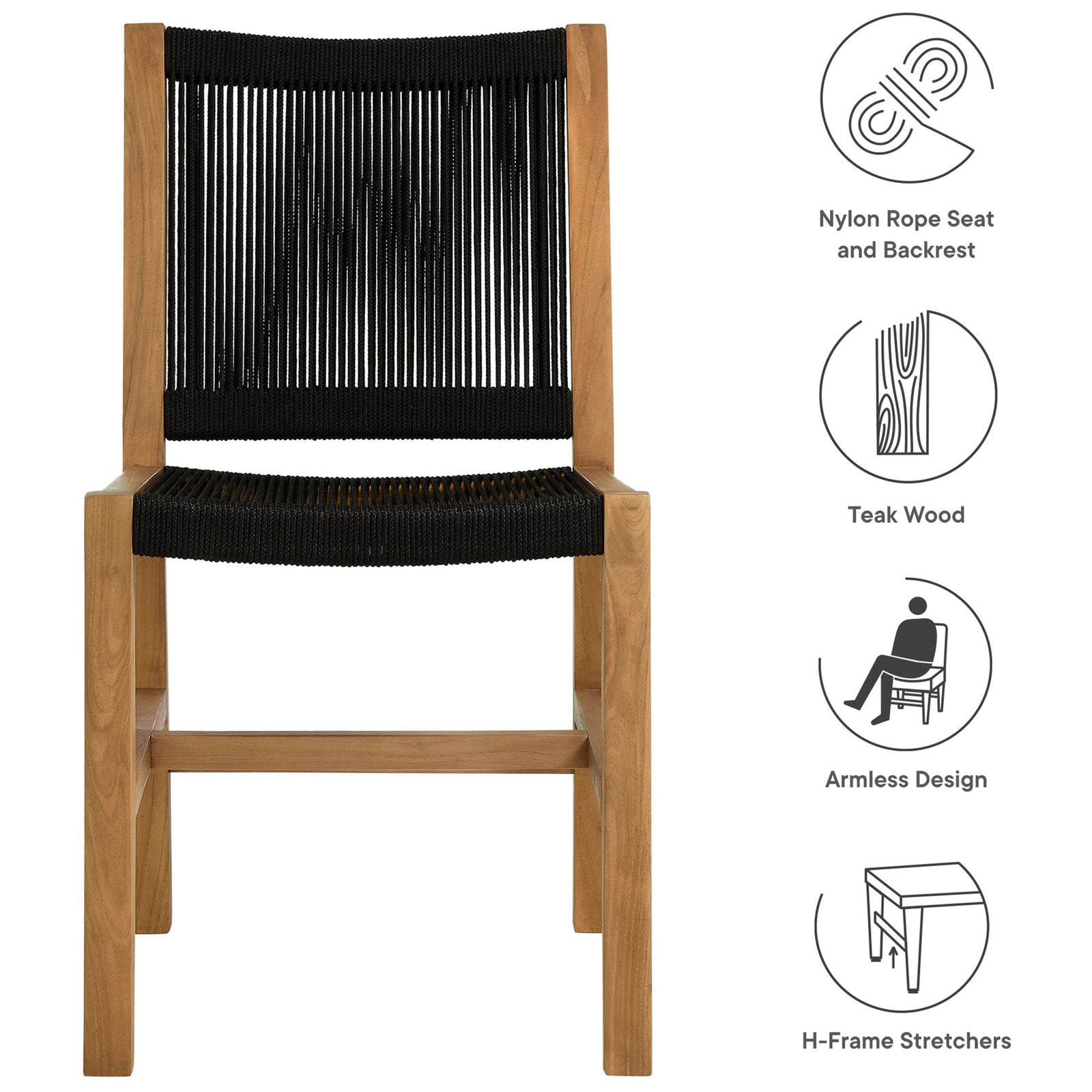 Feature graphic highlights nylon rope seat and back, teak wood construction, armless design, and H-frame stretchers || EEI-6805-NAT-BLK || callout_studio