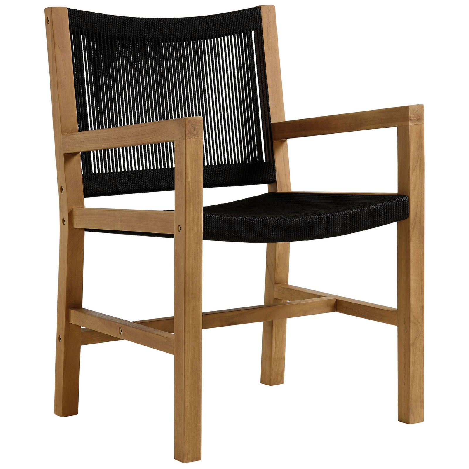 Angular teak frame chair with taut black rope adding graphic contrast and supportive arms || EEI-6806-NAT-BLK || front_angle_studio
