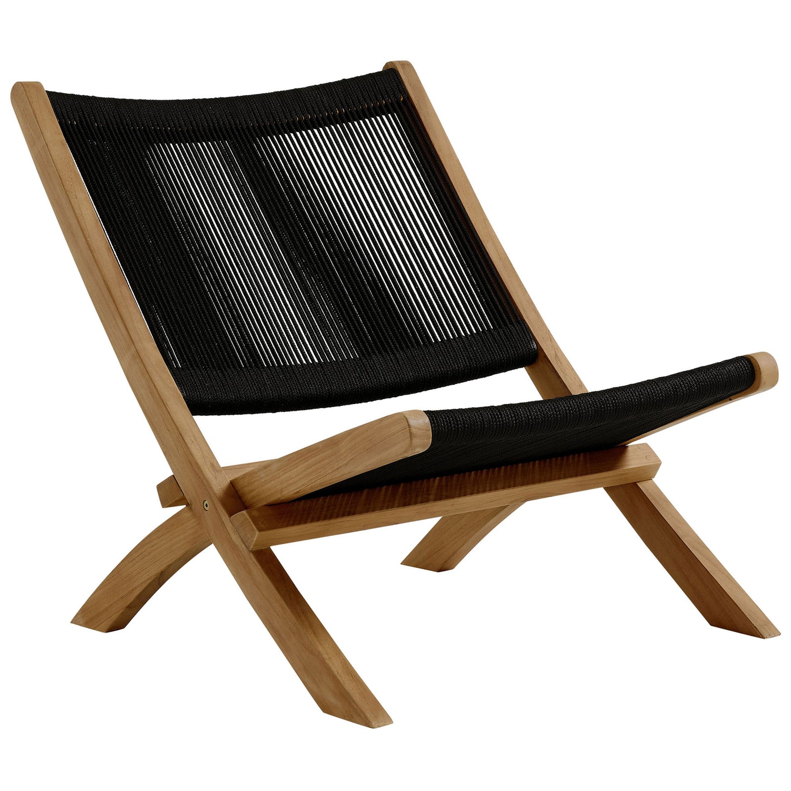 Teak outdoor lounge chair with black rope seat and back for modern patio comfort || EEI-6808-NAT-BLK || front_angle_studio