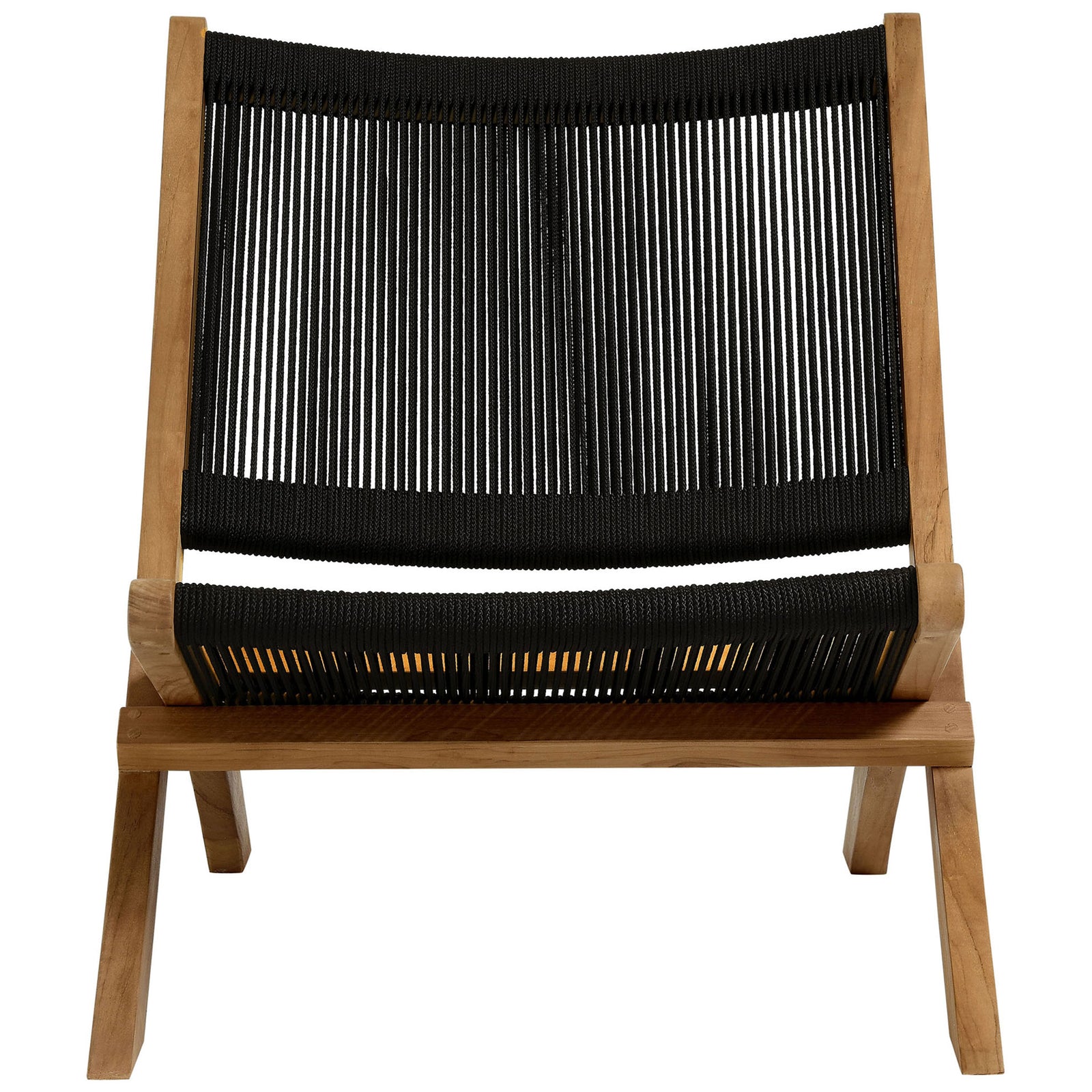 Wide black rope seat and gently curved teak frame invite relaxed lounging in this chair || EEI-6808-NAT-BLK || front_studio