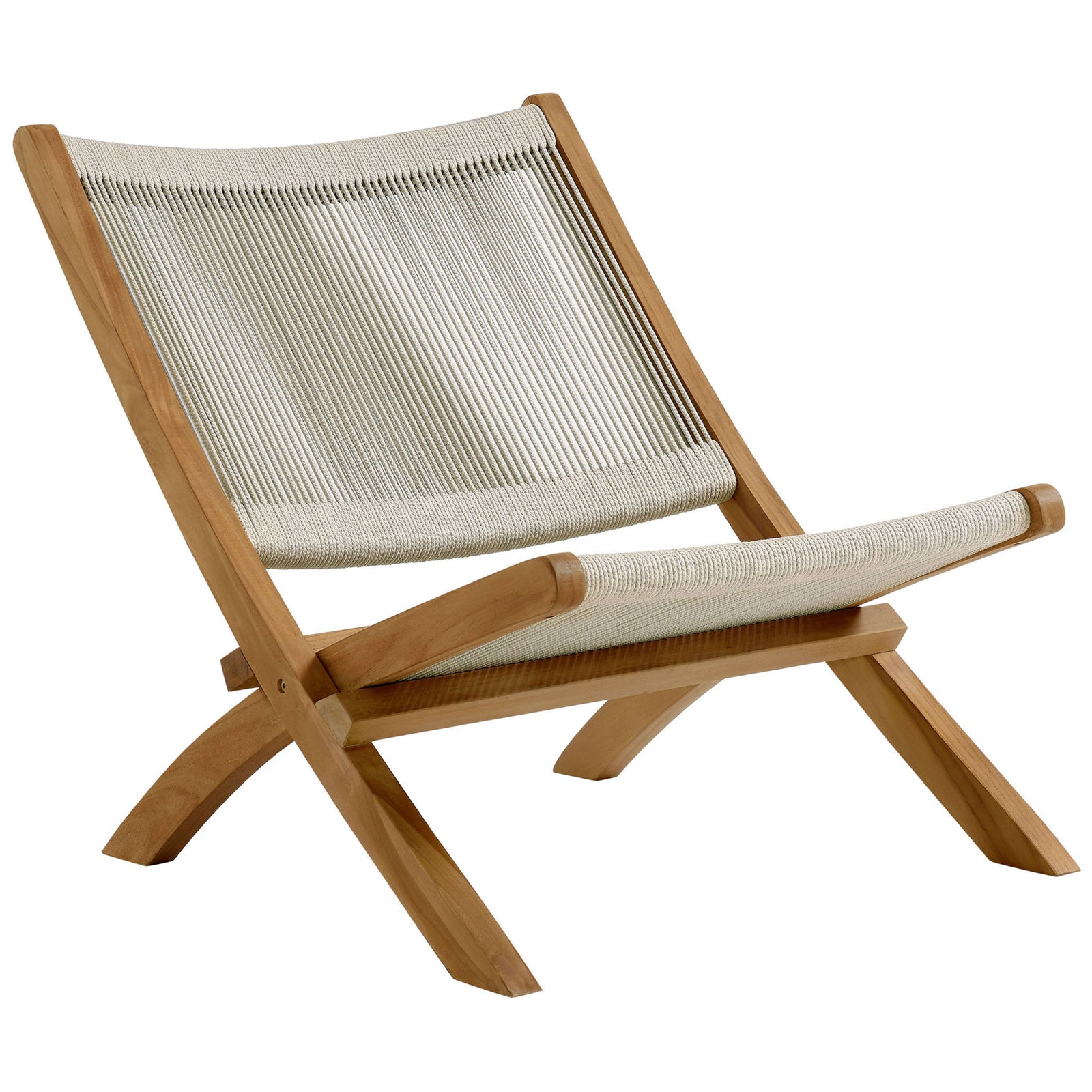 Teak outdoor lounge chair with natural rope seat and back for relaxed modern patio seating || EEI-6808-NAT-NAT || front_angle_studio