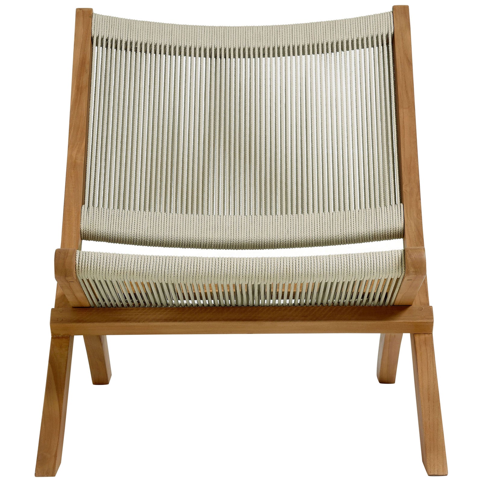 Wide natural rope seat and curved teak frame create a breezy, inviting outdoor accent chair || EEI-6808-NAT-NAT || front_studio