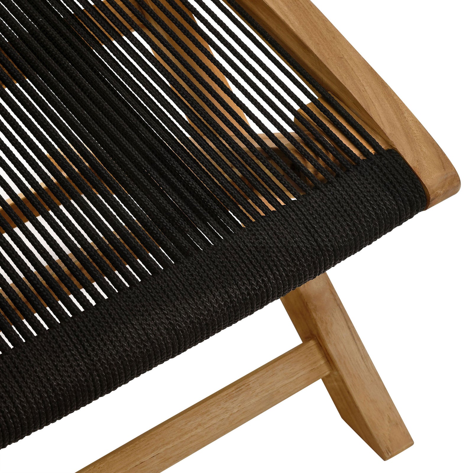 Tightly wrapped black nylon rope seat contrasted against warm natural teak edges || EEI-6809-NAT-BLK || swatch_studio