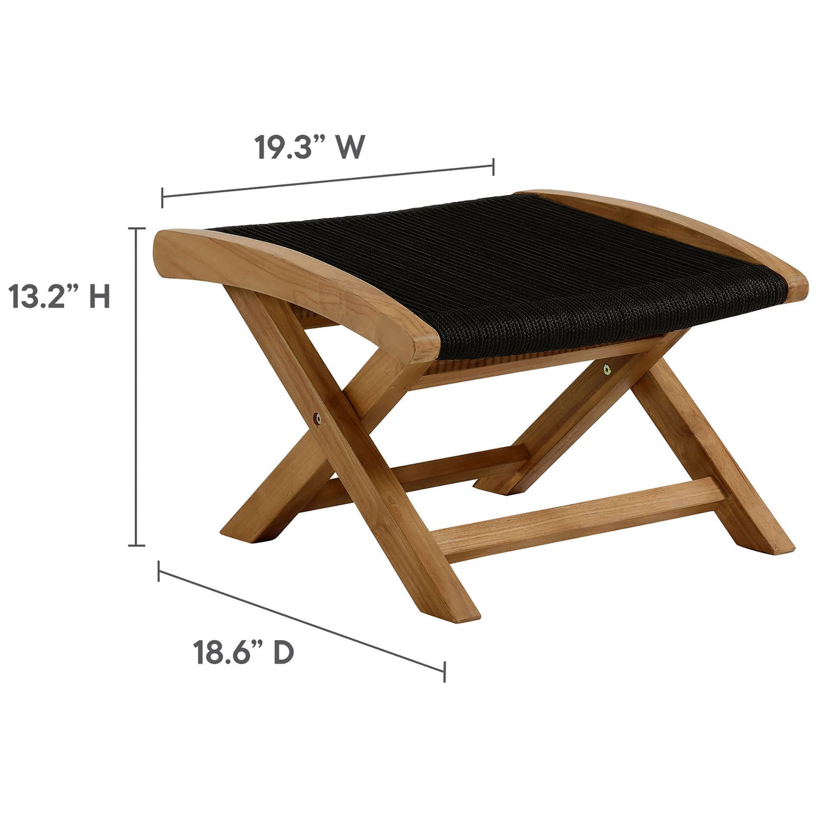 Vienna folding ottoman with black rope seat and teak frame shown with width, depth, and height || EEI-6809-NAT-BLK || dimension_studio