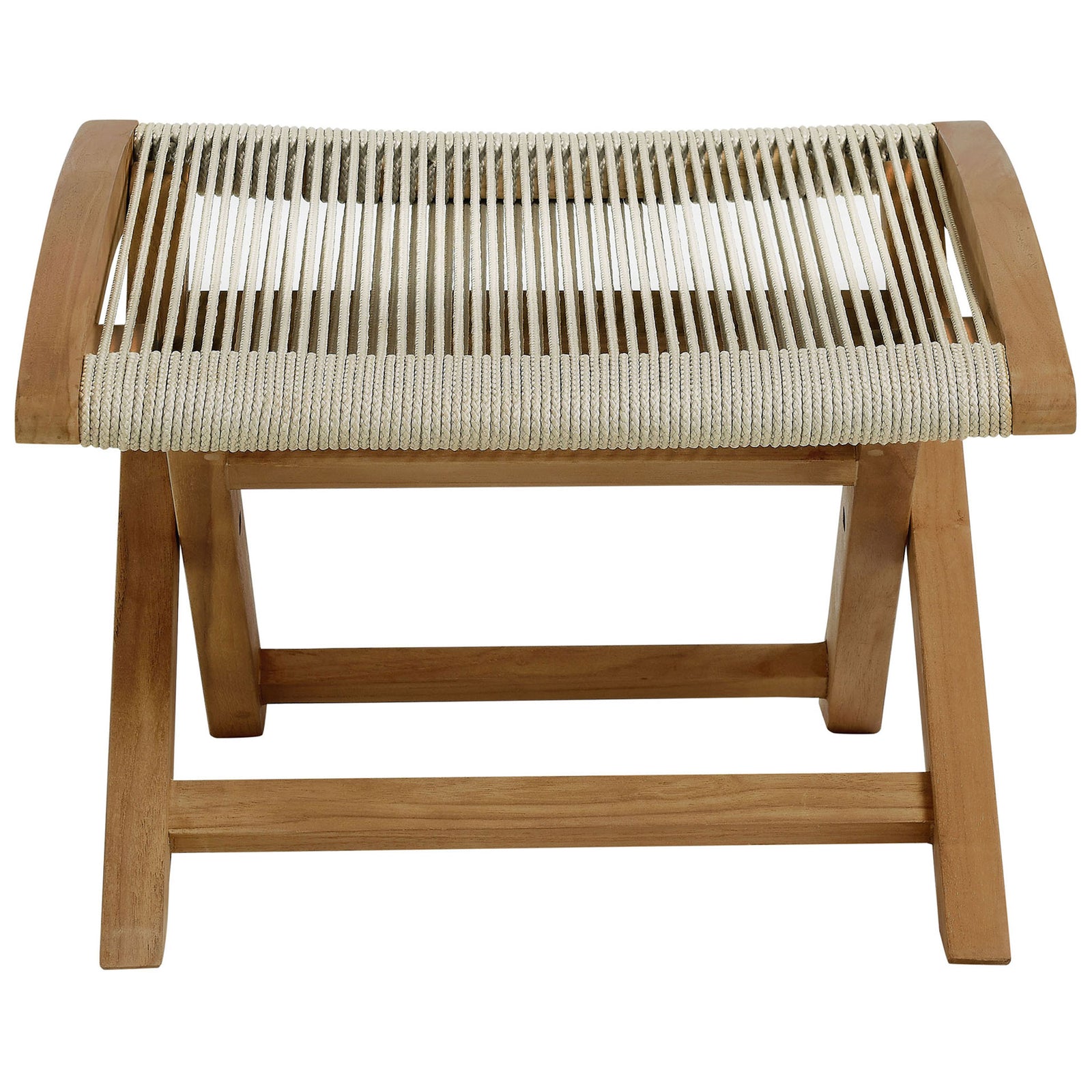 Vienna teak folding ottoman with natural rope seat for casual outdoor foot resting || EEI-6809-NAT-NAT || front_studio