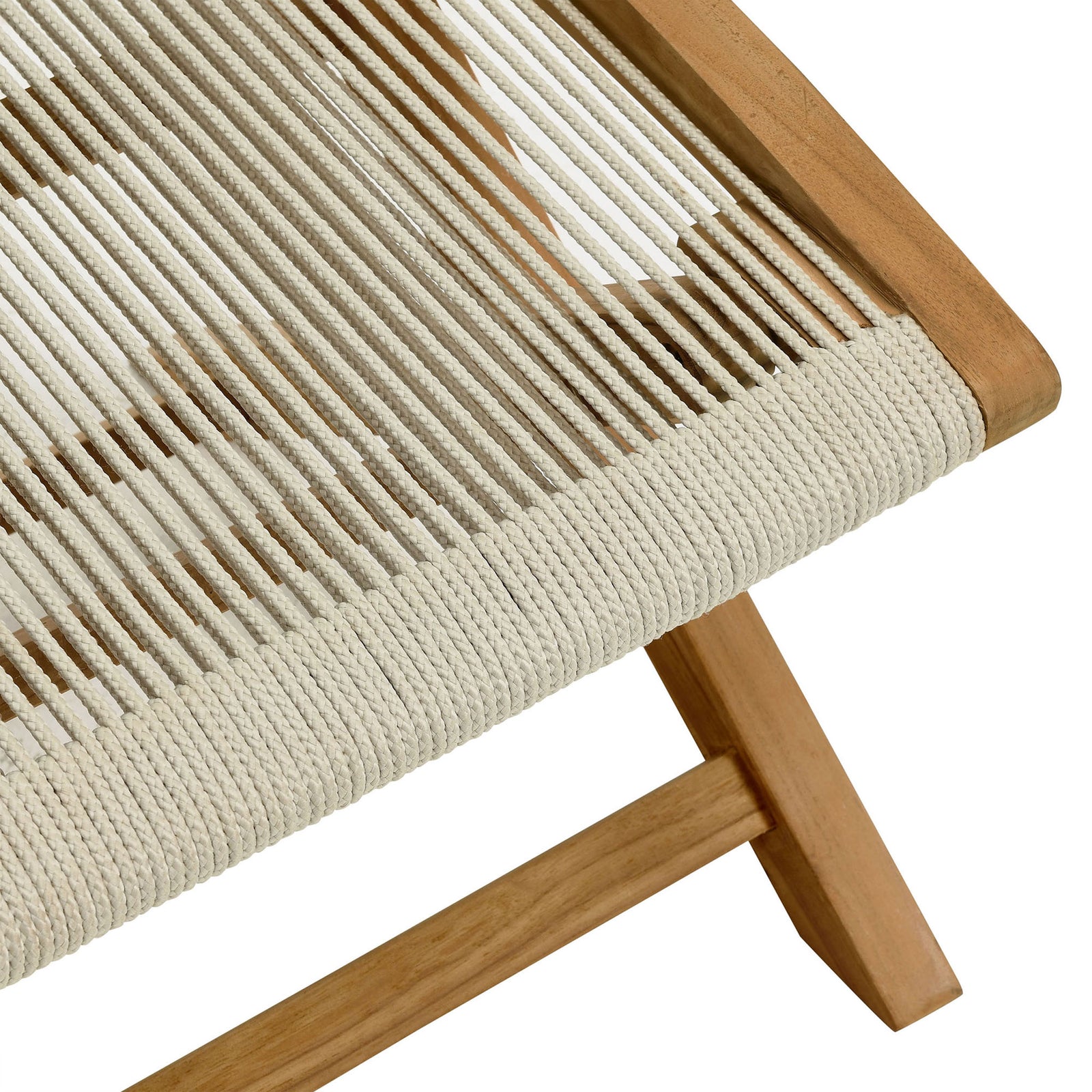 Tightly braided natural nylon rope seat set against smooth natural teak edges || EEI-6809-NAT-NAT || swatch_studio