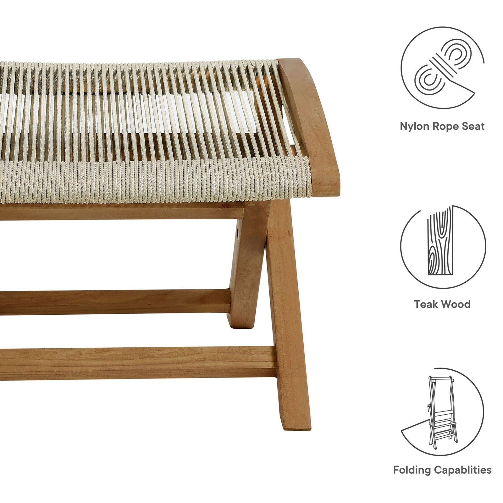 Vienna ottoman highlights natural rope seat, sturdy teak wood frame, and easy folding function || EEI-6809-NAT-NAT || callout_studio