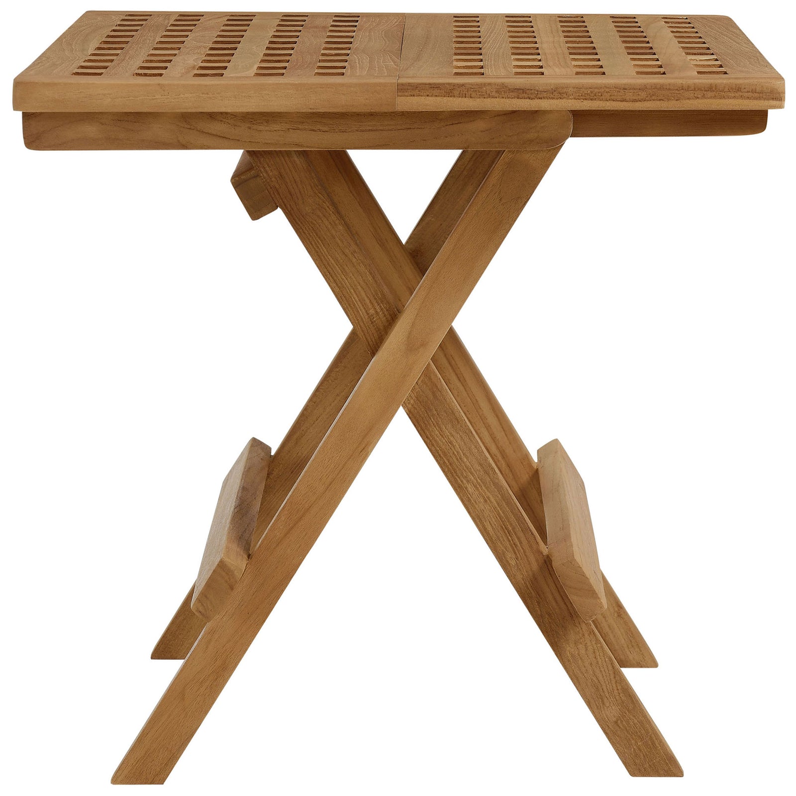 Slim side profile of teak folding side table with crossed support legs || EEI-6810-NAT || side_studio