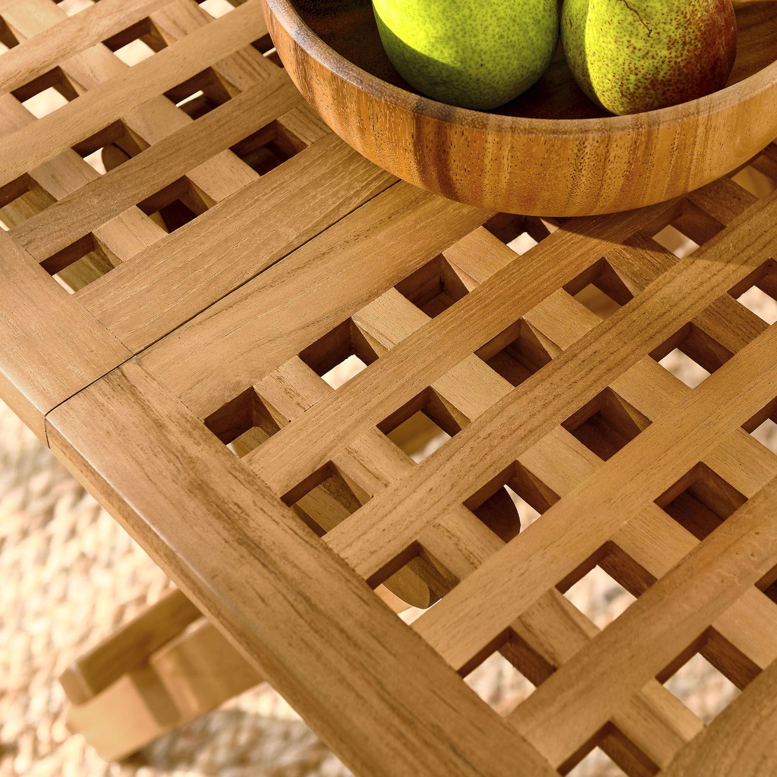 Teak lattice tabletop styled with wooden bowl and fruit on a textured rug || EEI-6810-NAT || swatch_room