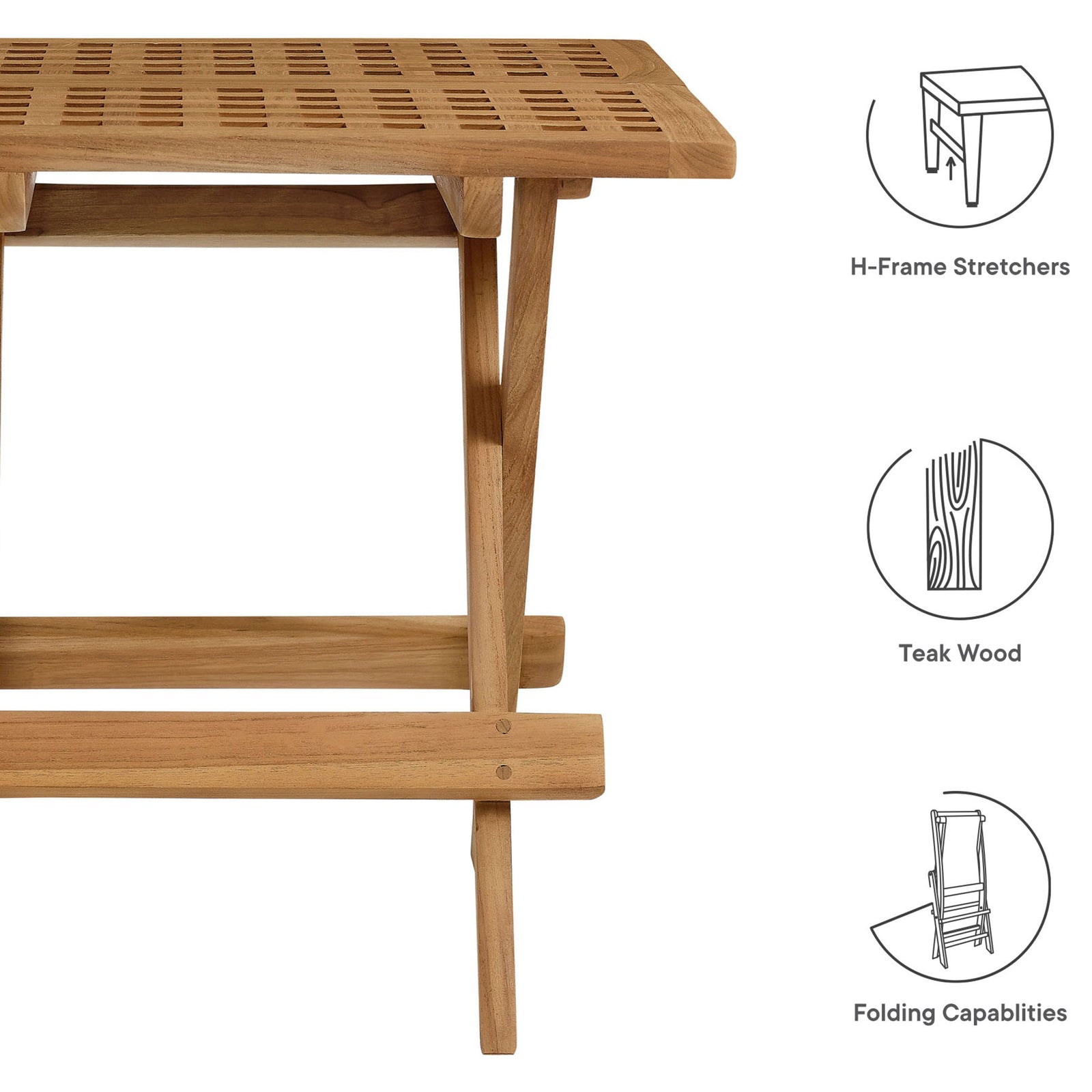 Feature callouts highlighting teak wood, H-frame stretchers, and folding table design || EEI-6810-NAT || callout_studio