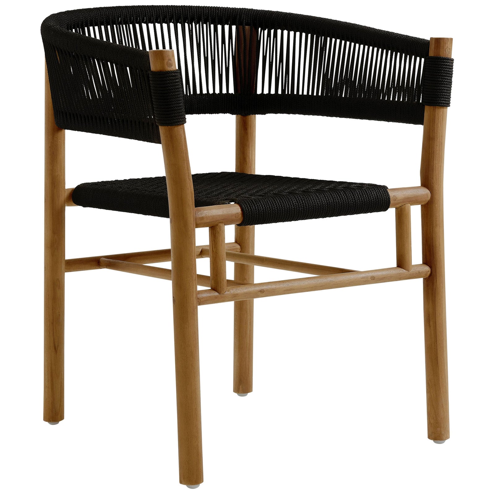 Curved black rope patio dining armchair with warm teak wood frame and open grid seat || EEI-6811-NAT-BLK || front_angle_studio