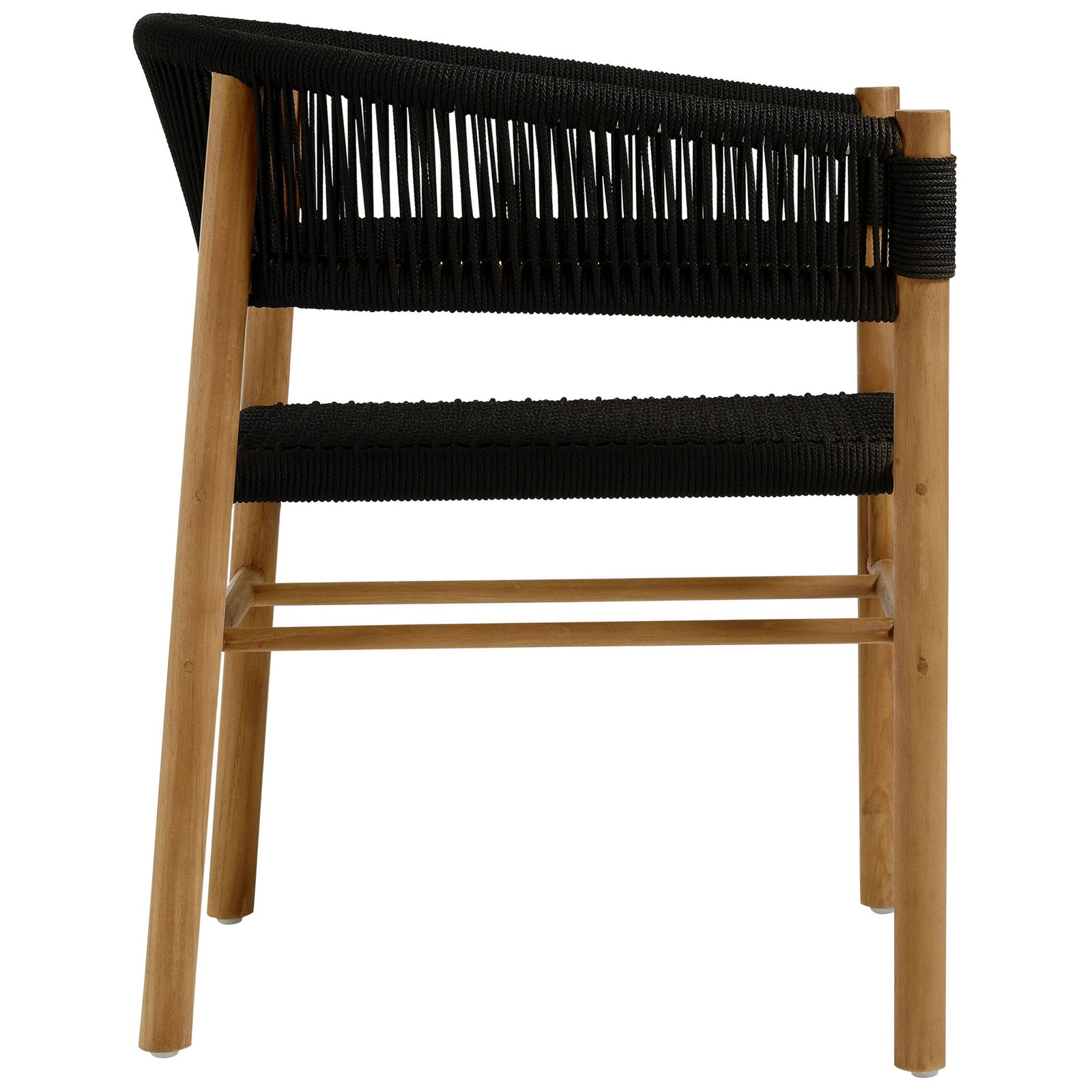 Black rope dining chair with slim teak legs and gracefully curved wraparound backrest || EEI-6811-NAT-BLK || side_studio