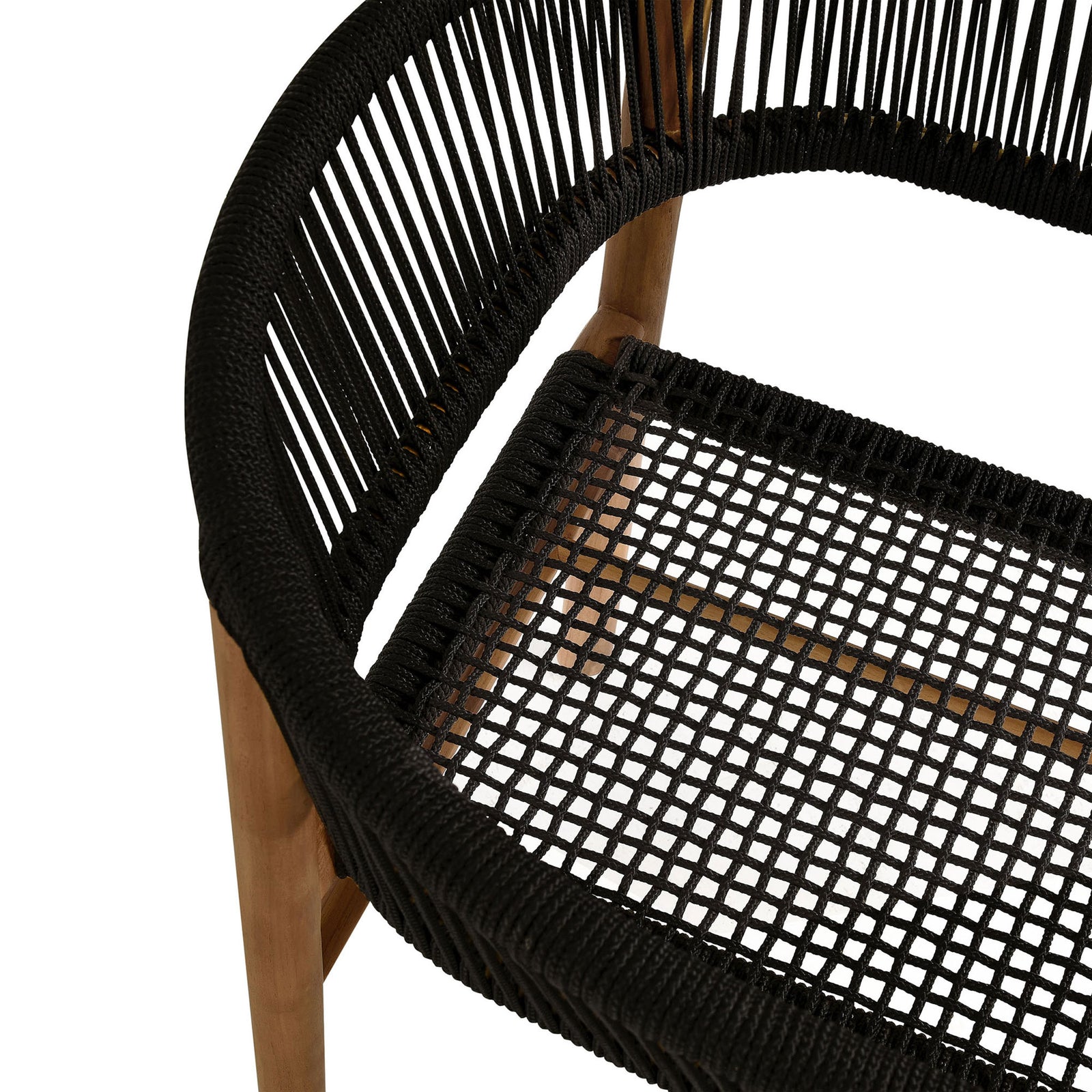 Open-weave black rope seat and smooth teak frame highlighting airy, breathable comfort || EEI-6811-NAT-BLK || swatch_studio