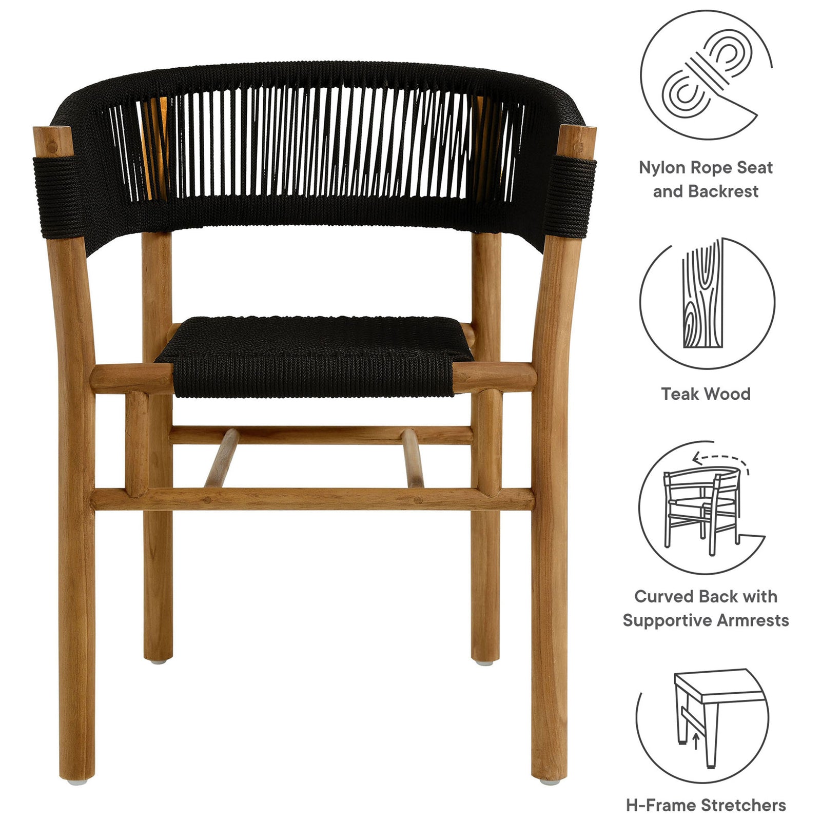 Feature graphic listing nylon rope seat and backrest, teak wood frame, curved arms, and H-frame stretchers || EEI-6811-NAT-BLK || callout_studio