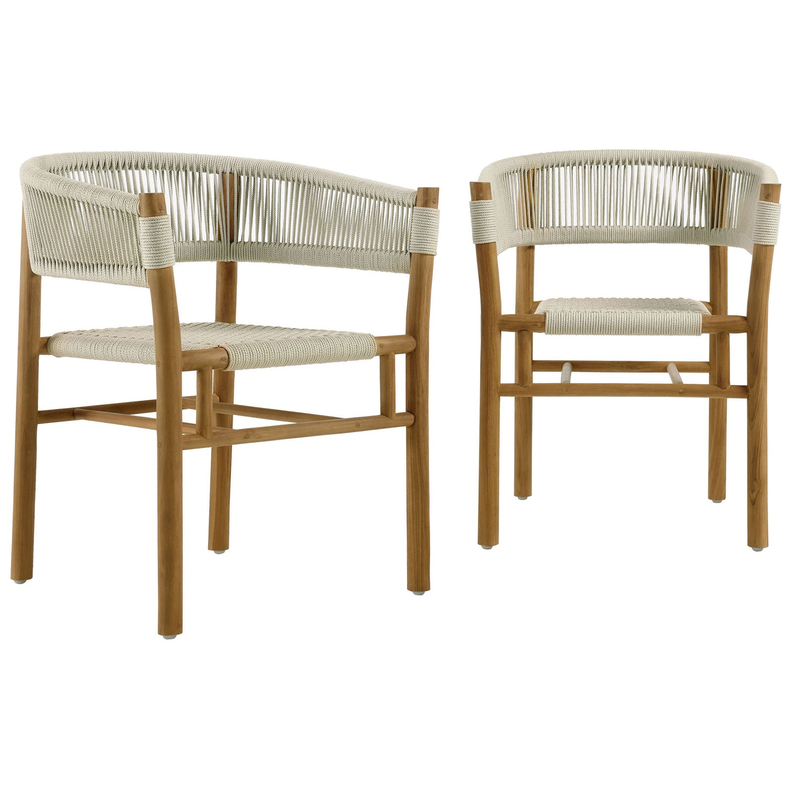 Set of two natural rope curved-back dining armchairs with solid teak frames for outdoor seating || EEI-6811-NAT-NAT || front_angle_multi_studio