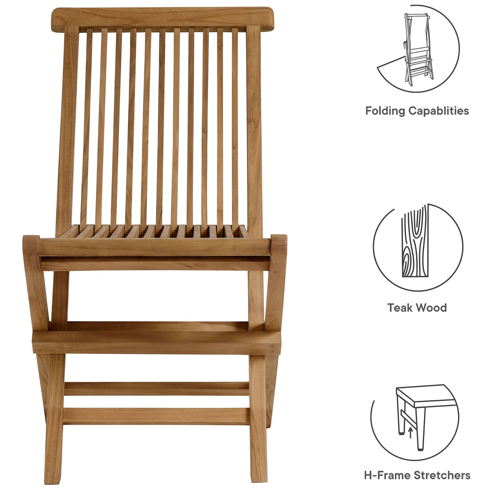 Front view of teak folding chair with icons calling out folding frame, teak wood, and H-frame support || EEI-6812-NAT || callout_studio