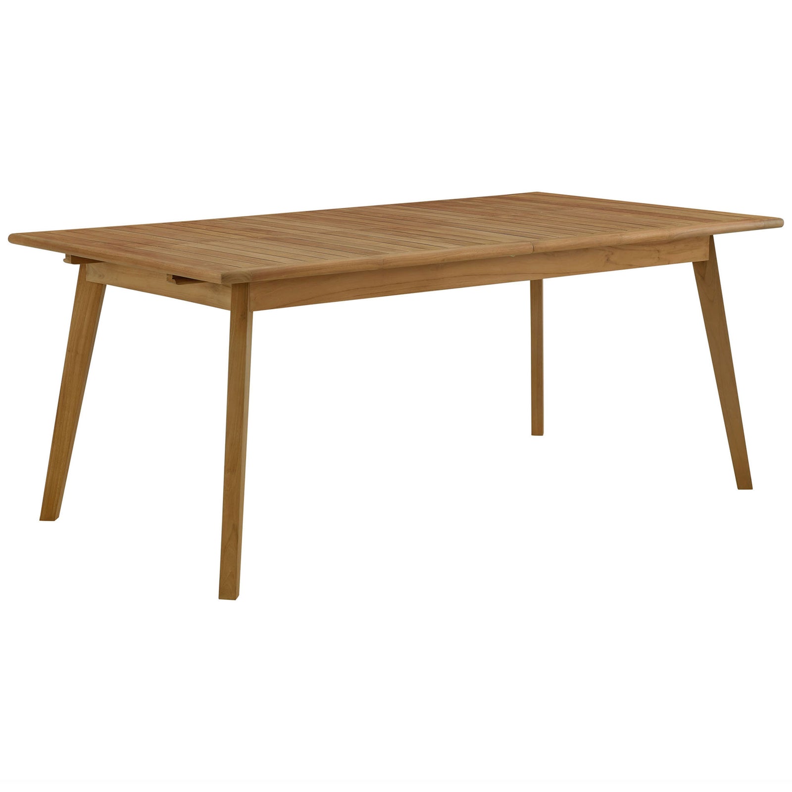 Modern natural teak extendable patio dining table with slim tapered legs and spacious slatted top. || EEI-6813-NAT || front_angle_studio