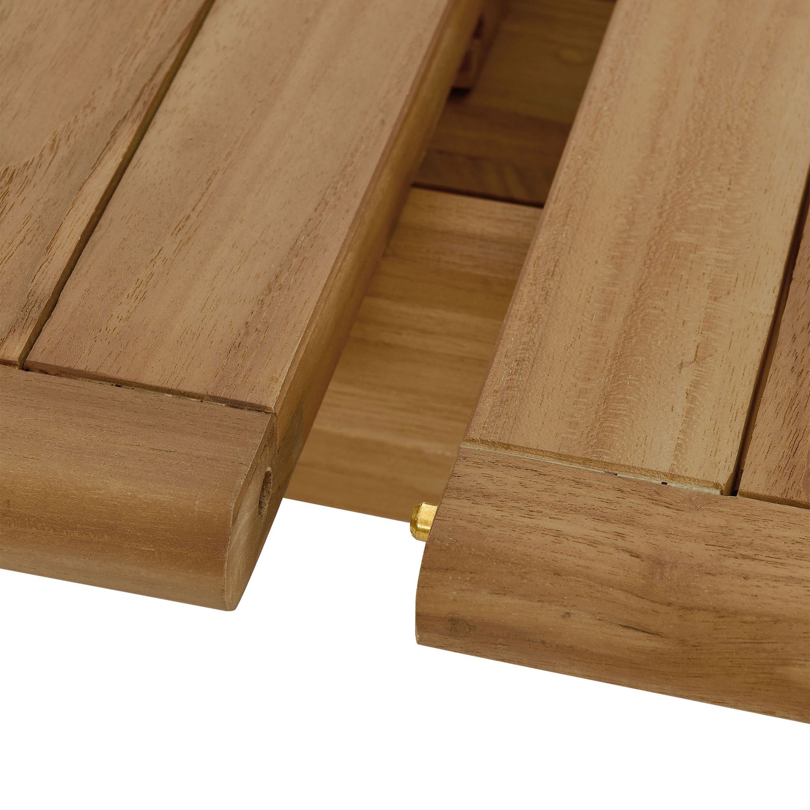 Sliding teak tabletop sections with brass alignment hardware showcasing the extendable leaf connection. || EEI-6813-NAT || detail_studio