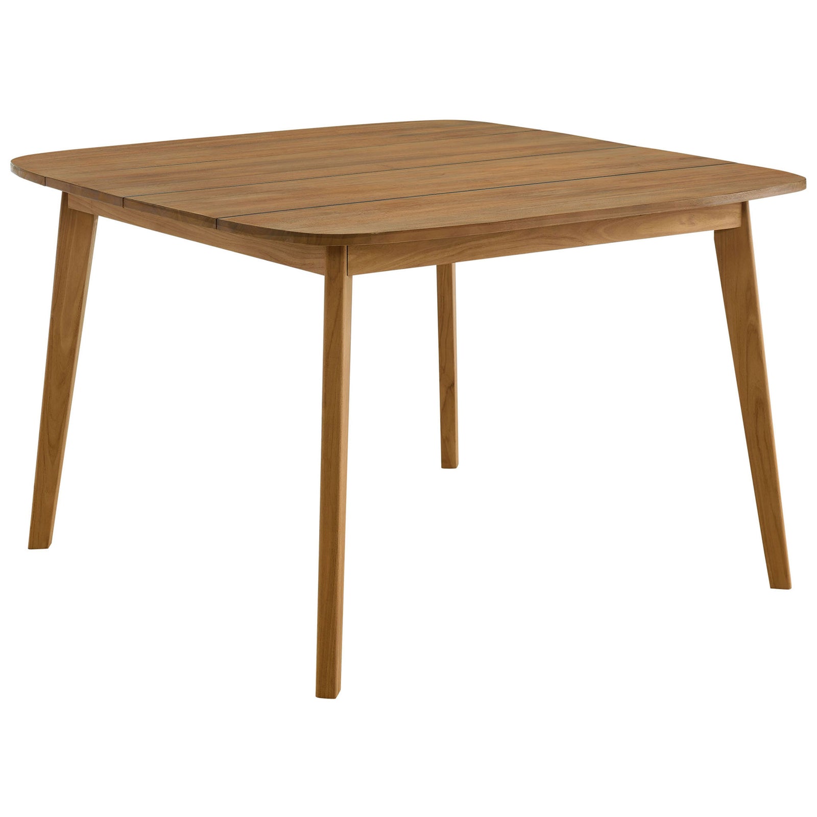 Vienna 46 inch natural teak patio dining table with modern slatted top and slim tapered legs. || EEI-6815-NAT || front_angle_studio