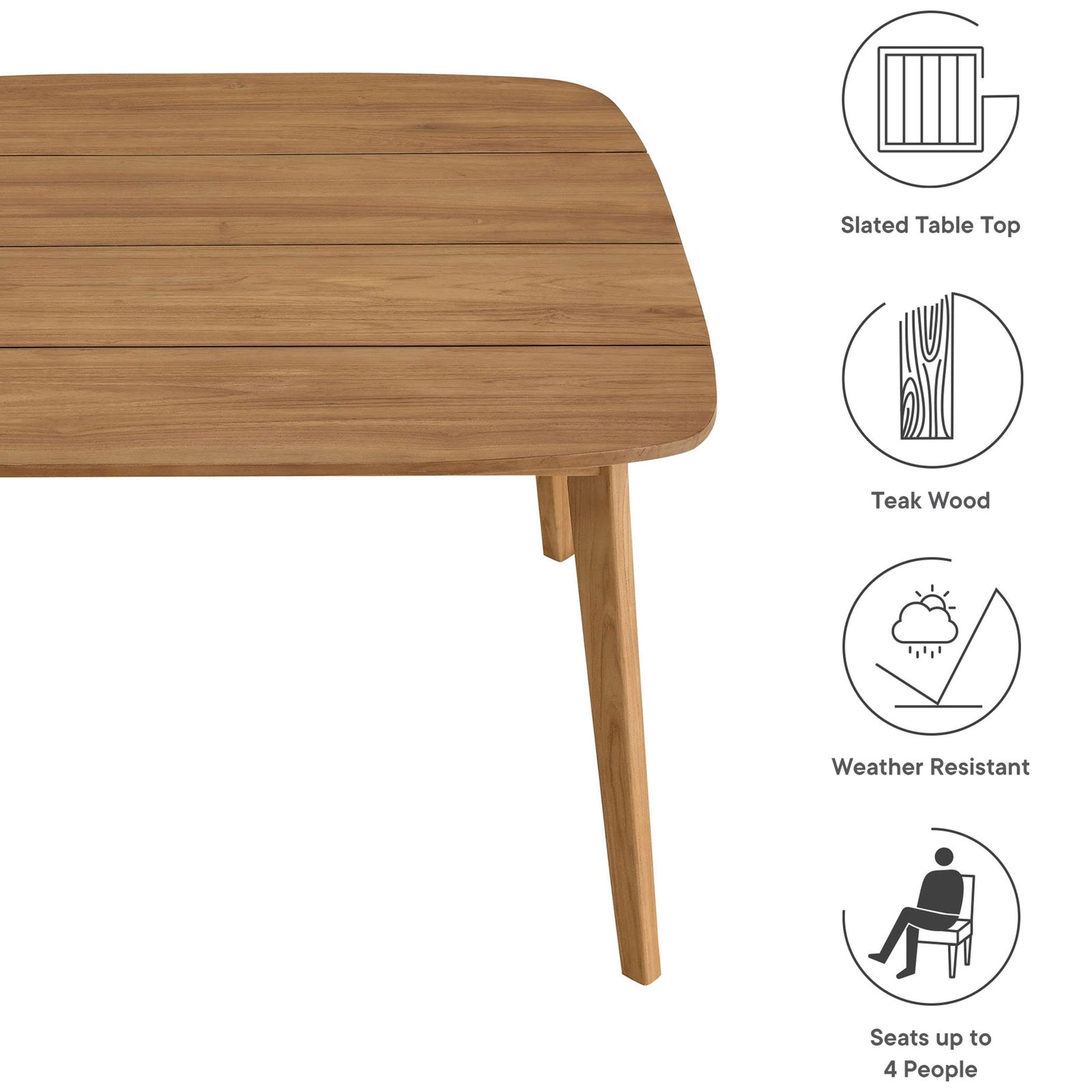 Square teak patio dining table with icons highlighting slatted top, teak wood, weather resistance, and seating for four. || EEI-6815-NAT || callout_studio