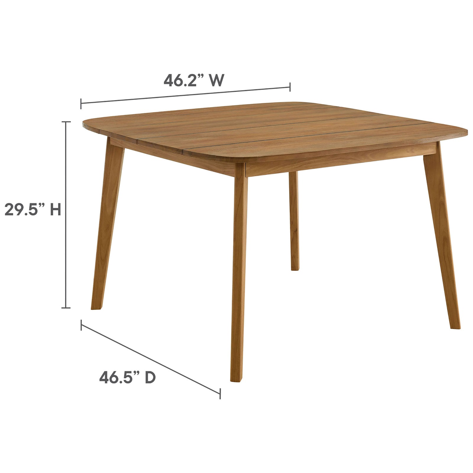 Vienna 46 inch square teak dining table with diagrammed width, depth, and height dimensions for easy planning. || EEI-6815-NAT || dimension_studio