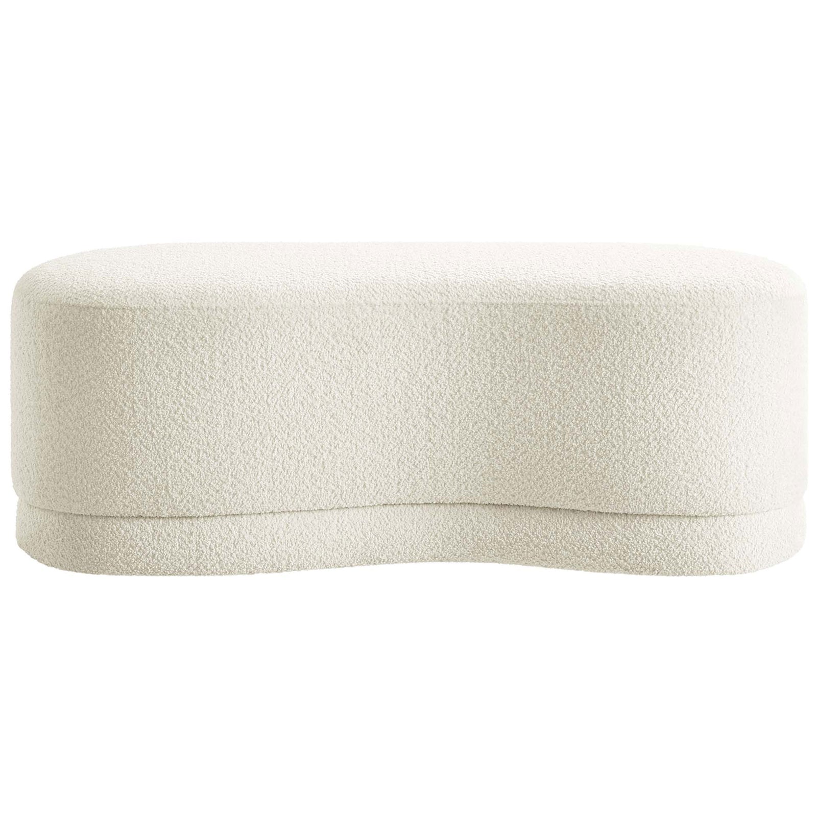 Curved cream chenille ottoman bench offers a plush, sculptural accent for living room or bedroom. || EEI-6816-CRE || front_studio