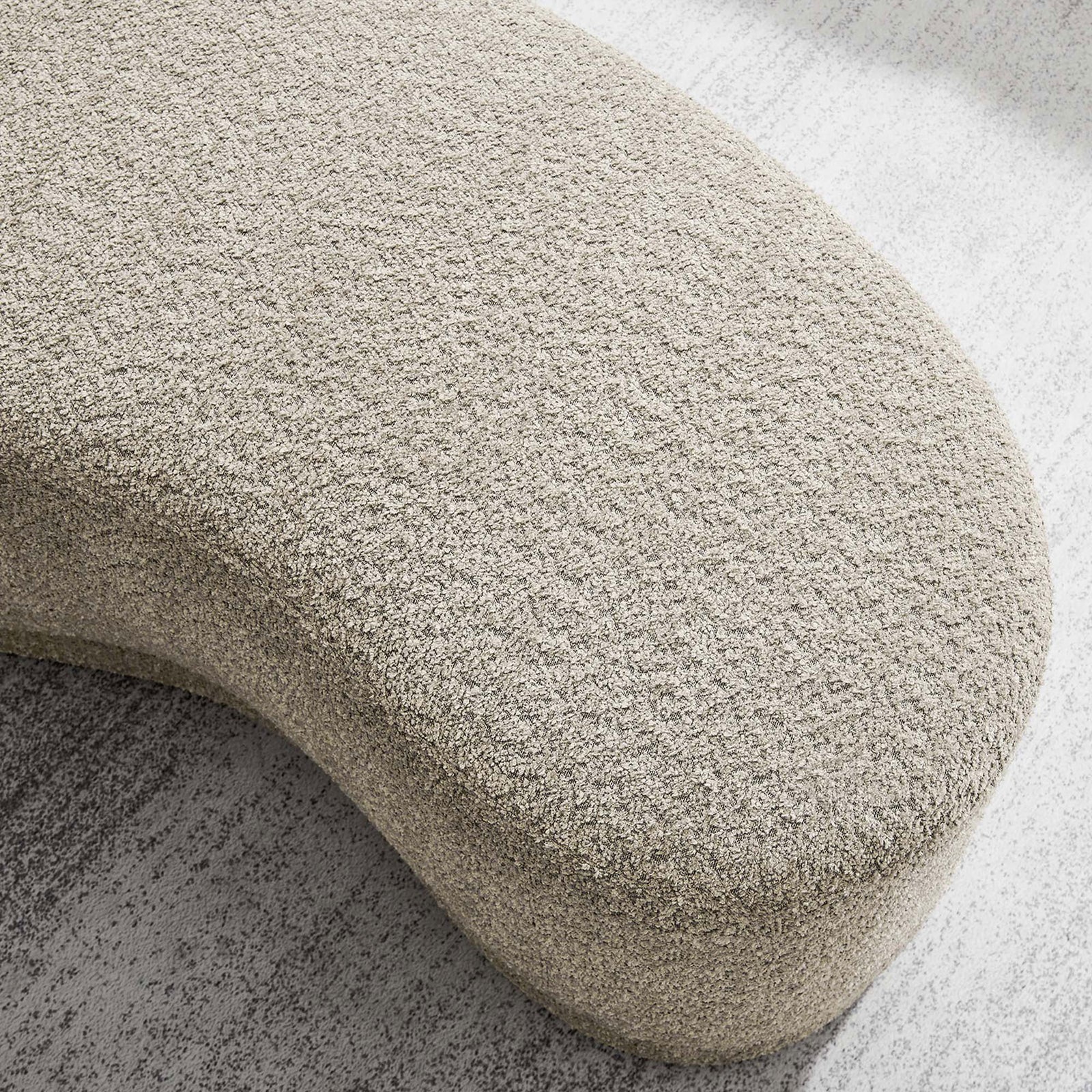 Soft oat chenille Nimbus ottoman bench adding inviting texture to a light, neutral area rug || EEI-6816-OAT || detail_room