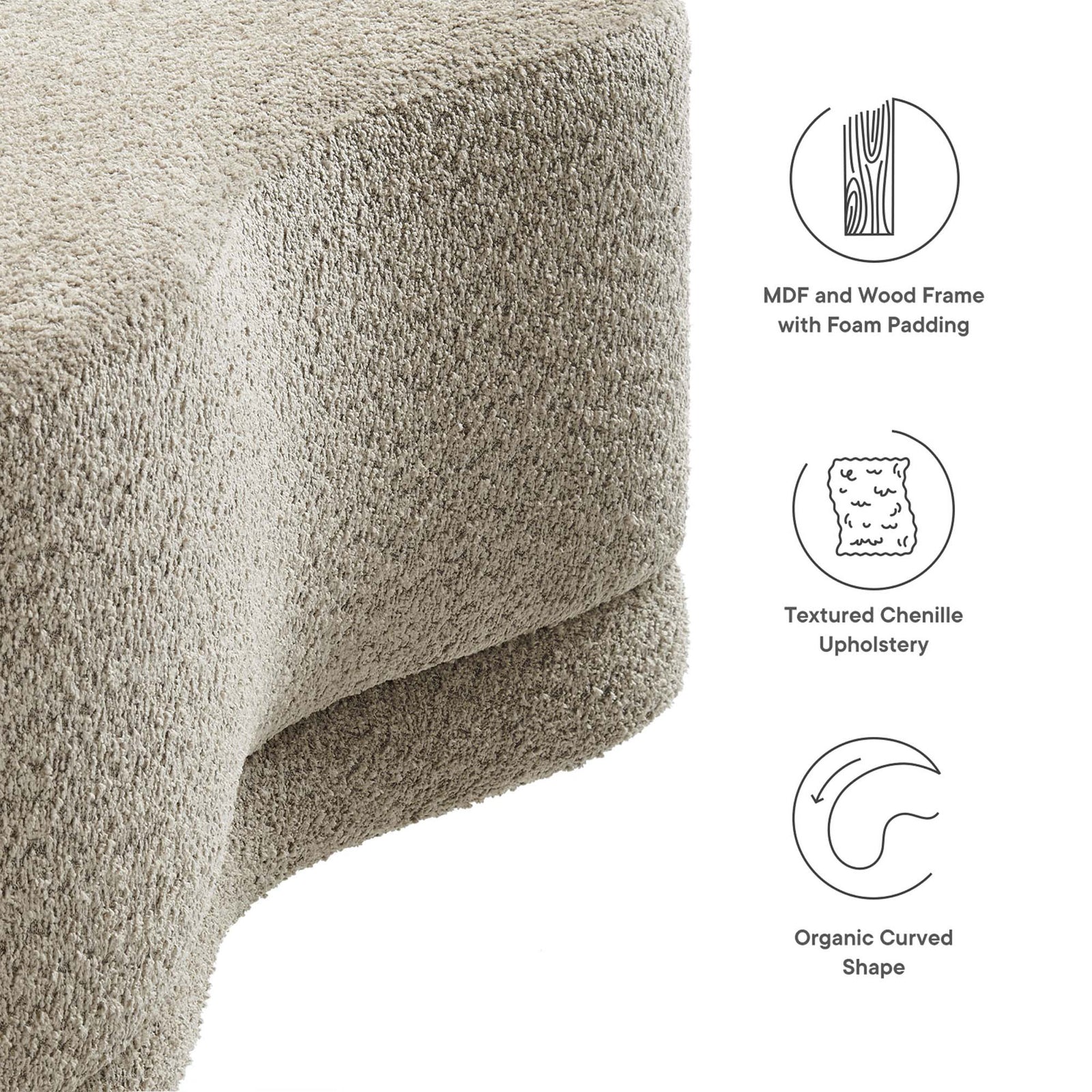 Modway Nimbus oat chenille ottoman bench featuring wood frame construction, foam padding, and organic curves || EEI-6816-OAT || callout_studio