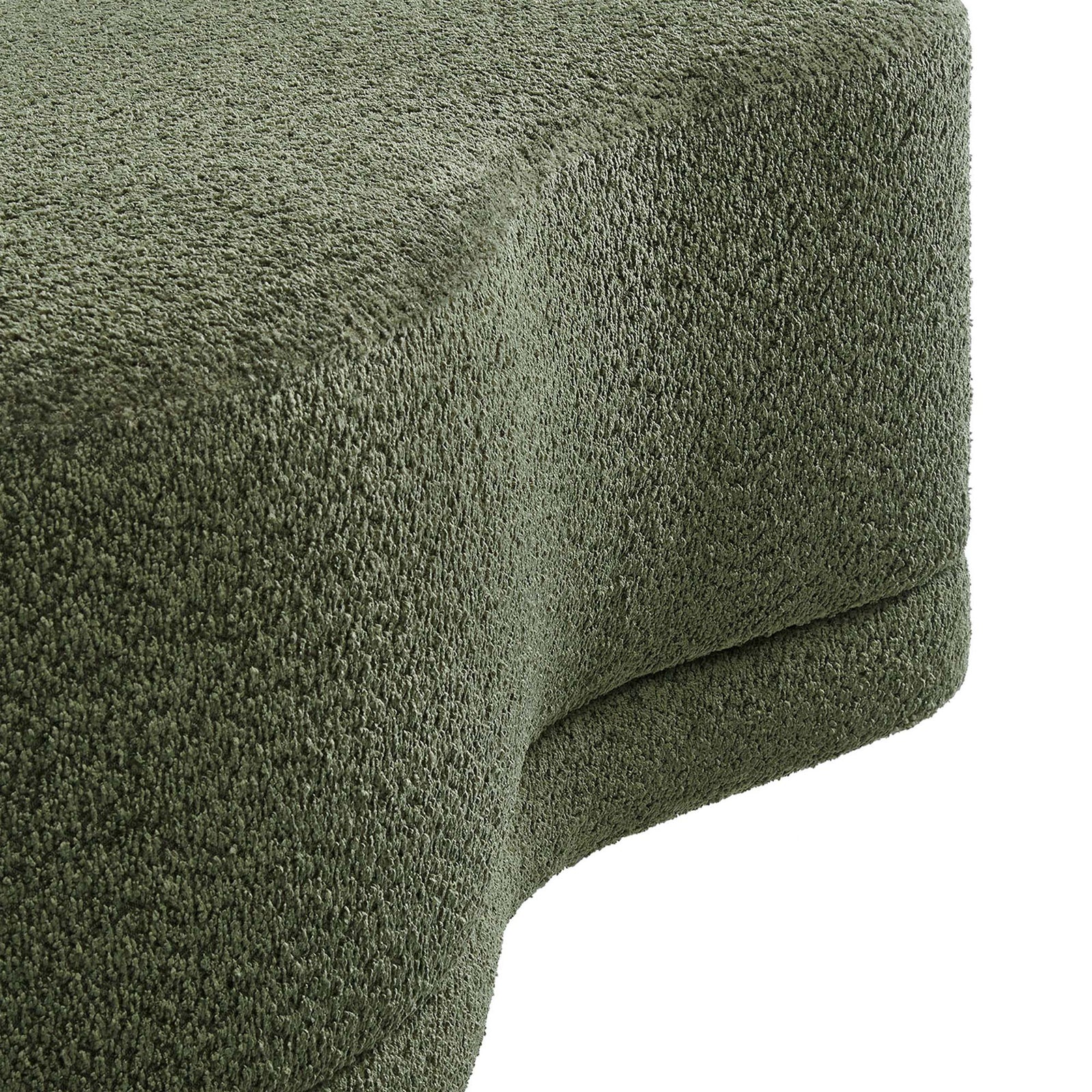 Textured sage chenille upholstery and curved edge detailing on the Nimbus ottoman bench. || EEI-6816-SGE || detail_studio