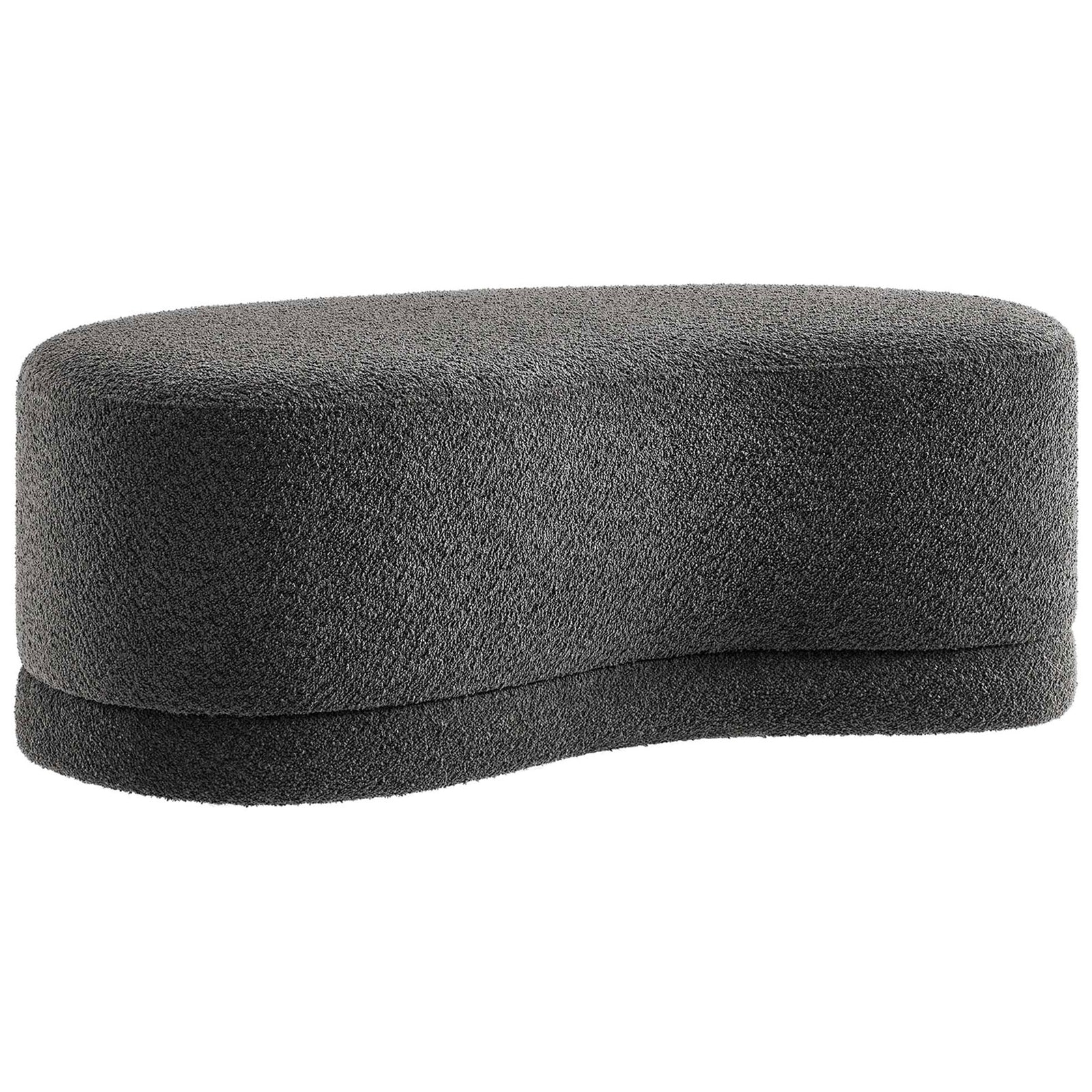 Curved Nimbus ottoman bench in dark gray chenille with plush cushioning and sculpted silhouette. || EEI-6816-SLA || front_angle_studio