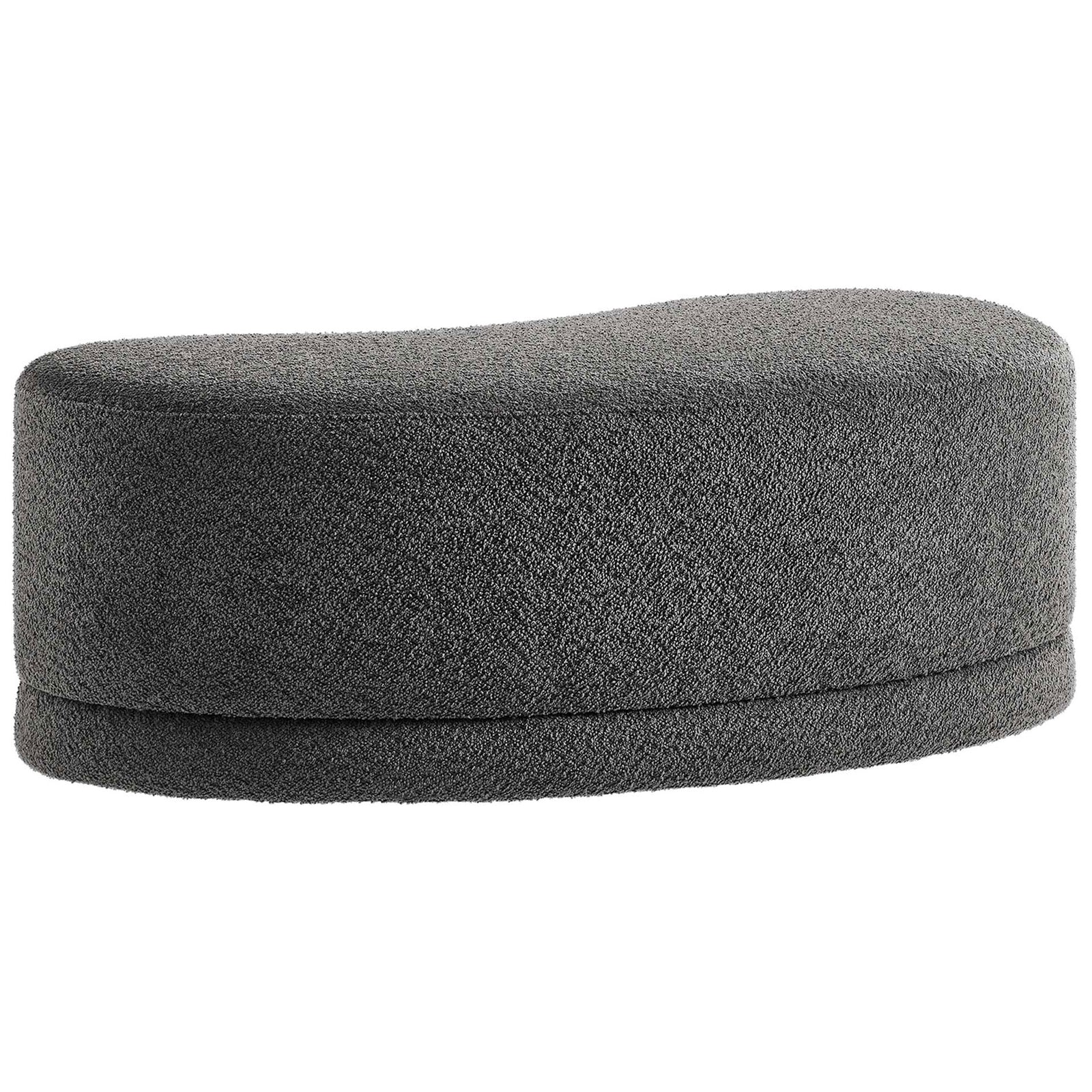 Dark gray chenille ottoman bench showing continuous wraparound upholstery and softly curved silhouette. || EEI-6816-SLA || back_studio