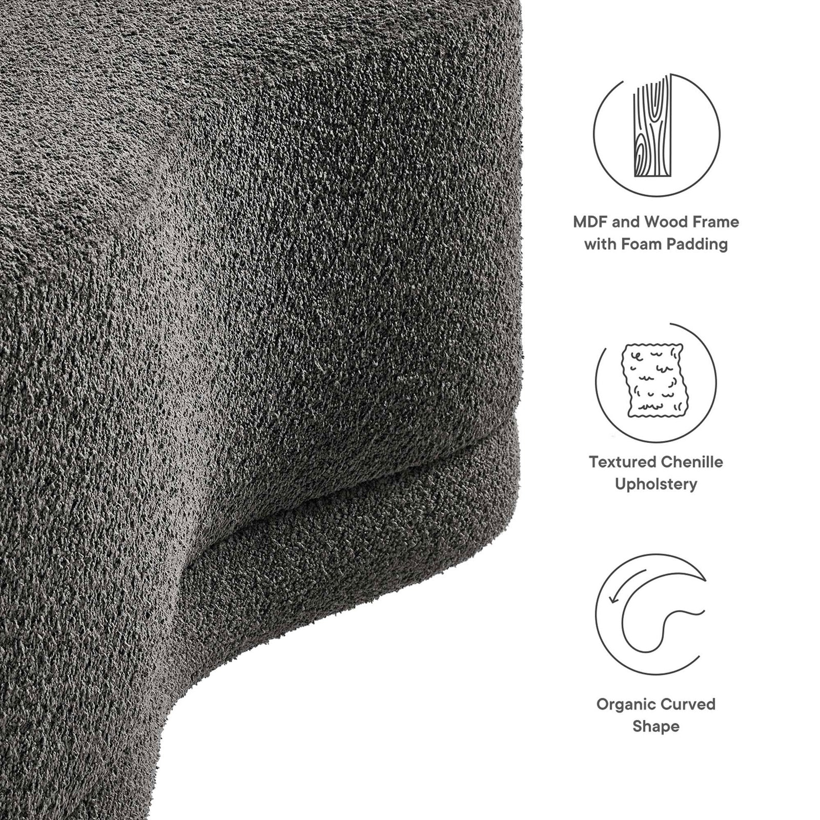 Textured chenille ottoman detail with icons calling out wood frame, foam padding, and organic curved shape. || EEI-6816-SLA || callout_studio