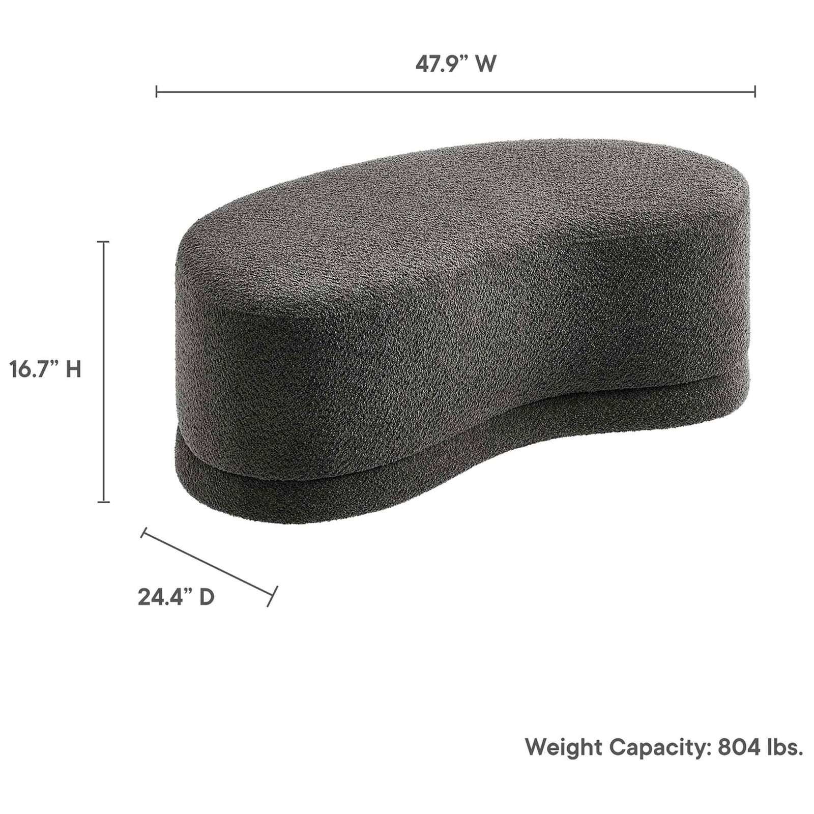 Nimbus dark gray ottoman bench with labeled dimensions and 804 pound weight capacity for versatile seating. || EEI-6816-SLA || dimension_studio