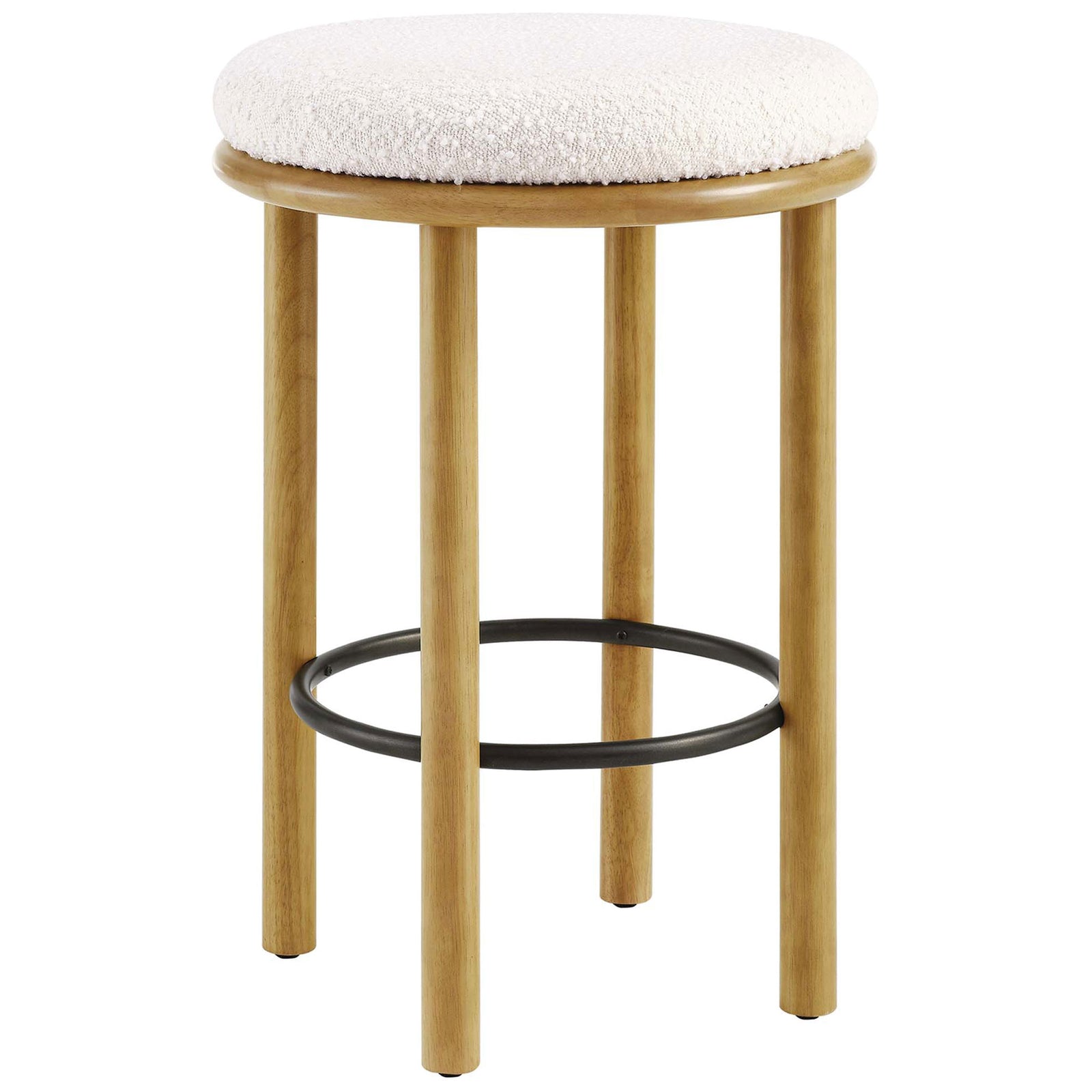 Sleek round counter stool in oak with soft ivory boucle upholstery and supportive ring footrest || EEI-6818-OAK-IVO || front_angle_studio