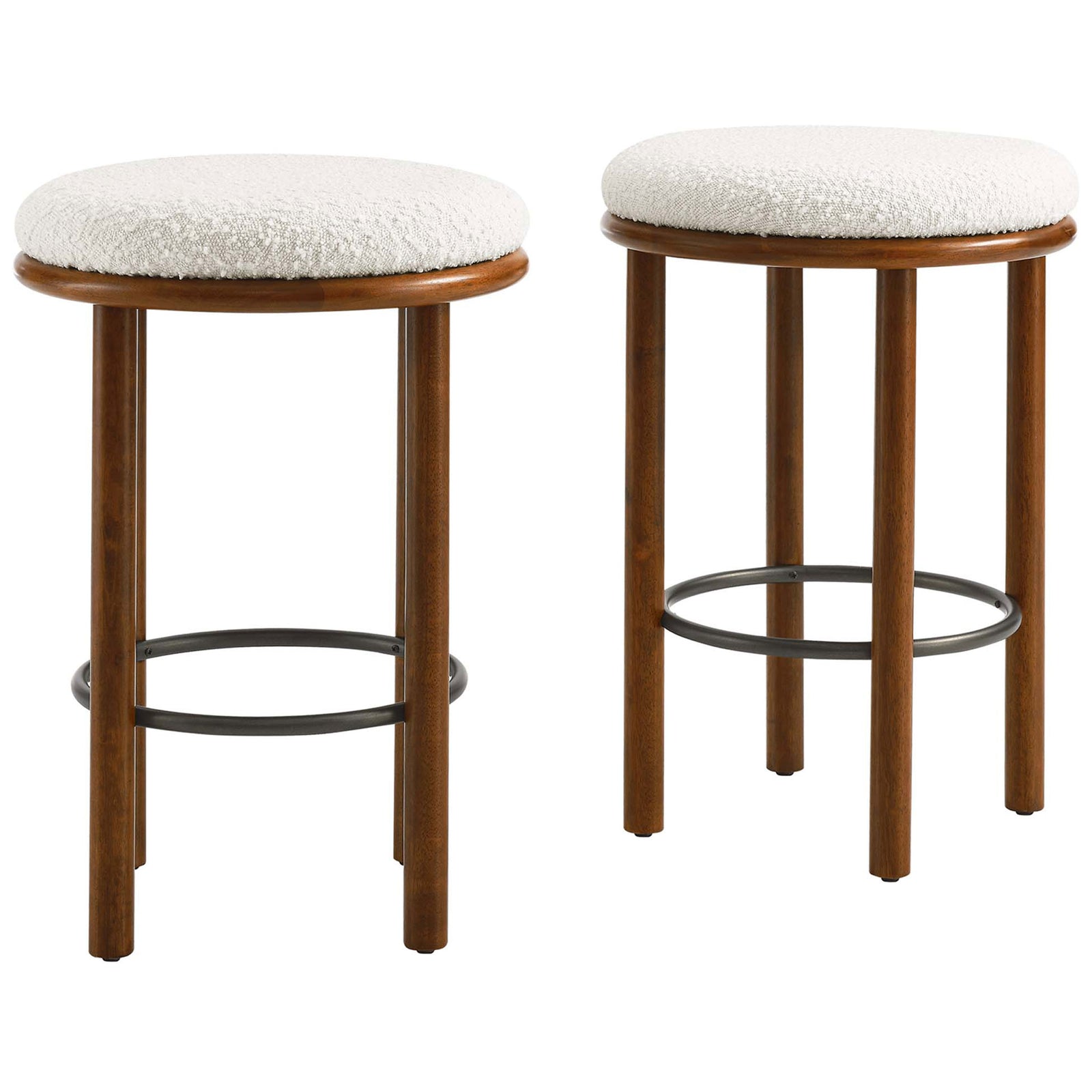 Set of two counter stools featuring ivory boucle seats, walnut frames, and circular metal footrests || EEI-6818-WAL-IVO || front_angle_multi_studio