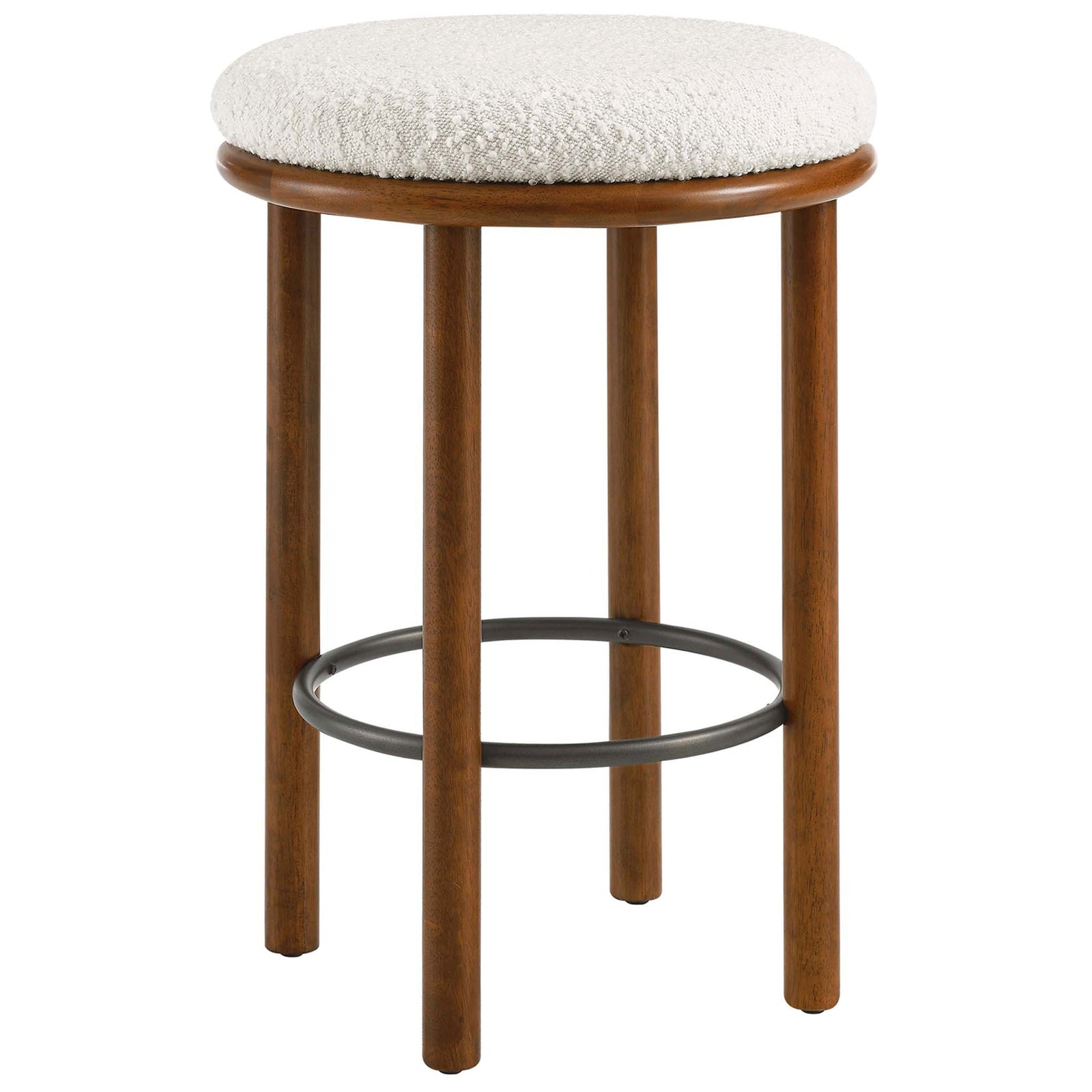 Streamlined counter stool in walnut with a plush ivory boucle seat and sturdy metal foot ring || EEI-6818-WAL-IVO || front_angle_studio